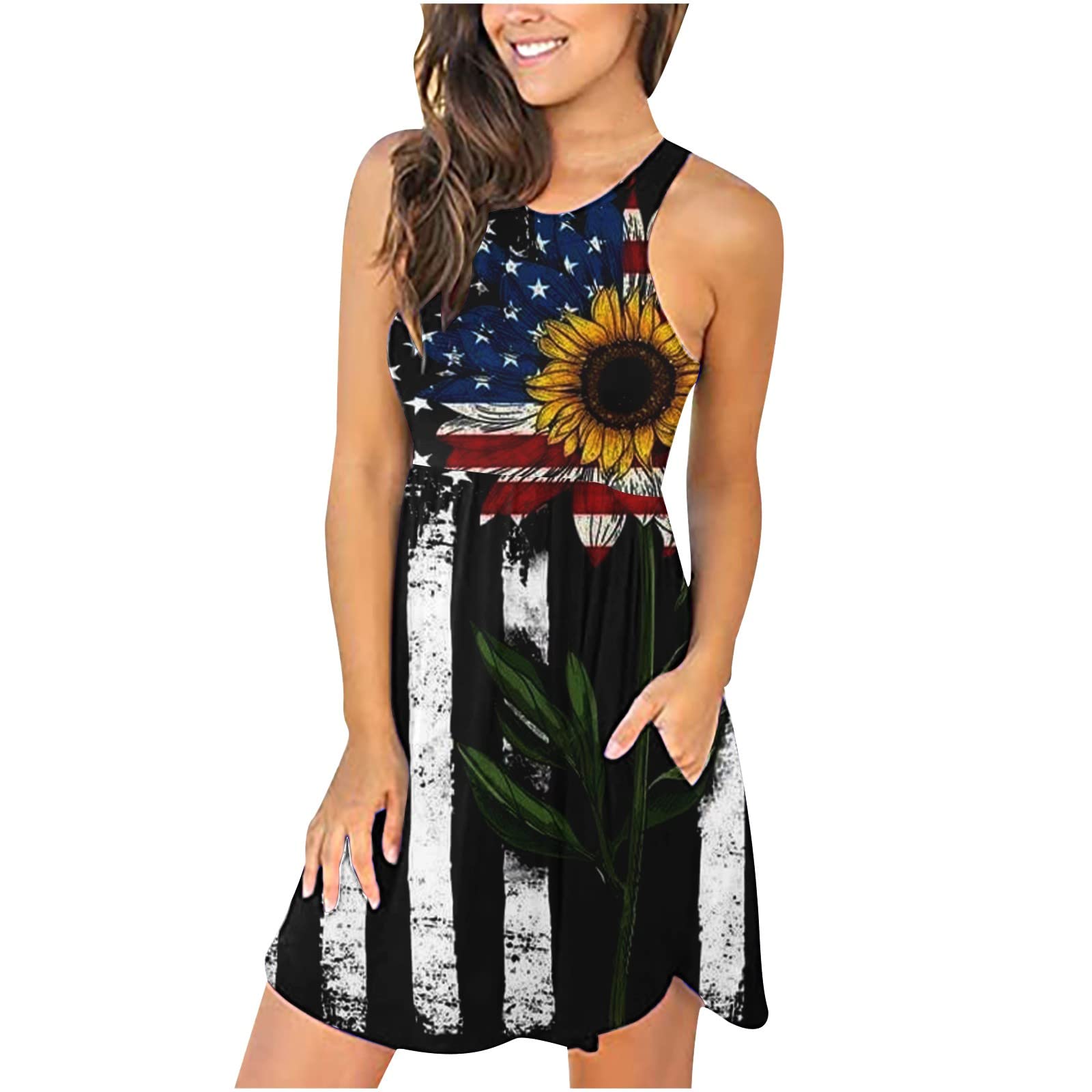 Women's Casual Printed Sleeveless Round Neck Pocket Tank Dress - Summer Beachwear, Party Outfits & Vacation Essentials