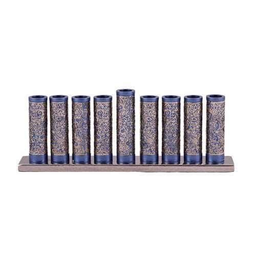 Yair Emanuel Blue Aluminum Hanukkah Menorah - 9 Branch Chanukiah with Exquisite Metal Cutouts for Standard Hanukkah Candles | Elegant Jewish Holiday Decor for Home & Synagogue Celebration