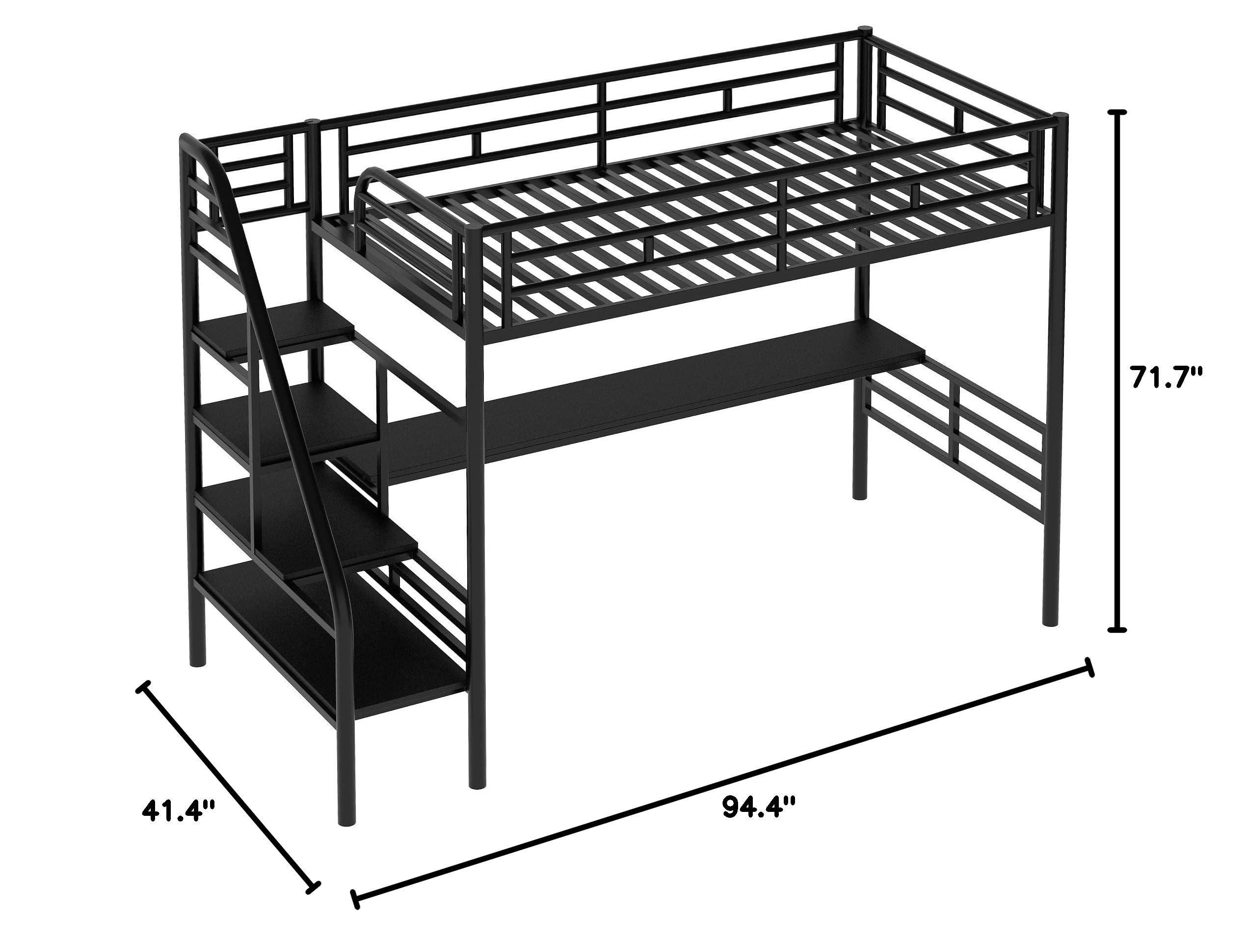 GLORHOME Metal Twin Size Loft Bed with Long Desk & Safety Stairway - Space Saving Kids Loft Bed Frame for Teens & Children, No Box Spring Needed, Black - Perfect for Small Bedrooms, Dorm Rooms & Kids' Rooms