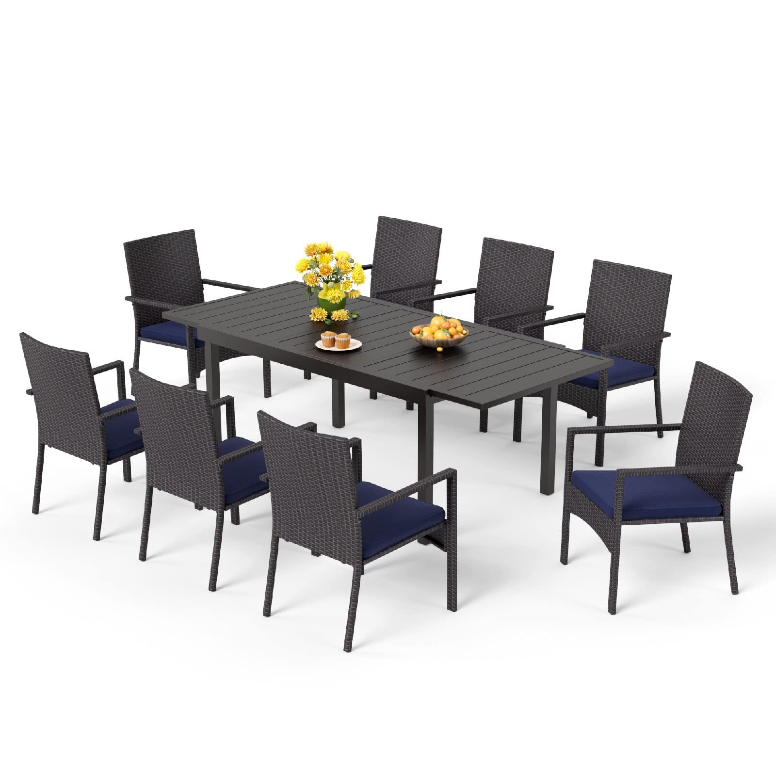 MFSTUDIO 9-Piece Outdoor Patio Dining Set - Extendable Rattan Table & 8 Wicker Chairs - All-Weather Garden Furniture for Backyard, Poolside & Outdoor Entertaining