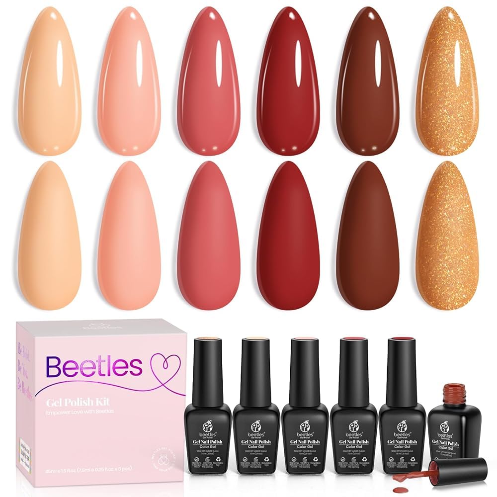 Beetles Gel Nail Polish Set - 6 Colors (Nude, Maroon, Brown) | Soak Off UV LED Gel Polish Kit | Gift for Women | Perfect for Home Manicures, Nail Art & Salon-Quality Results