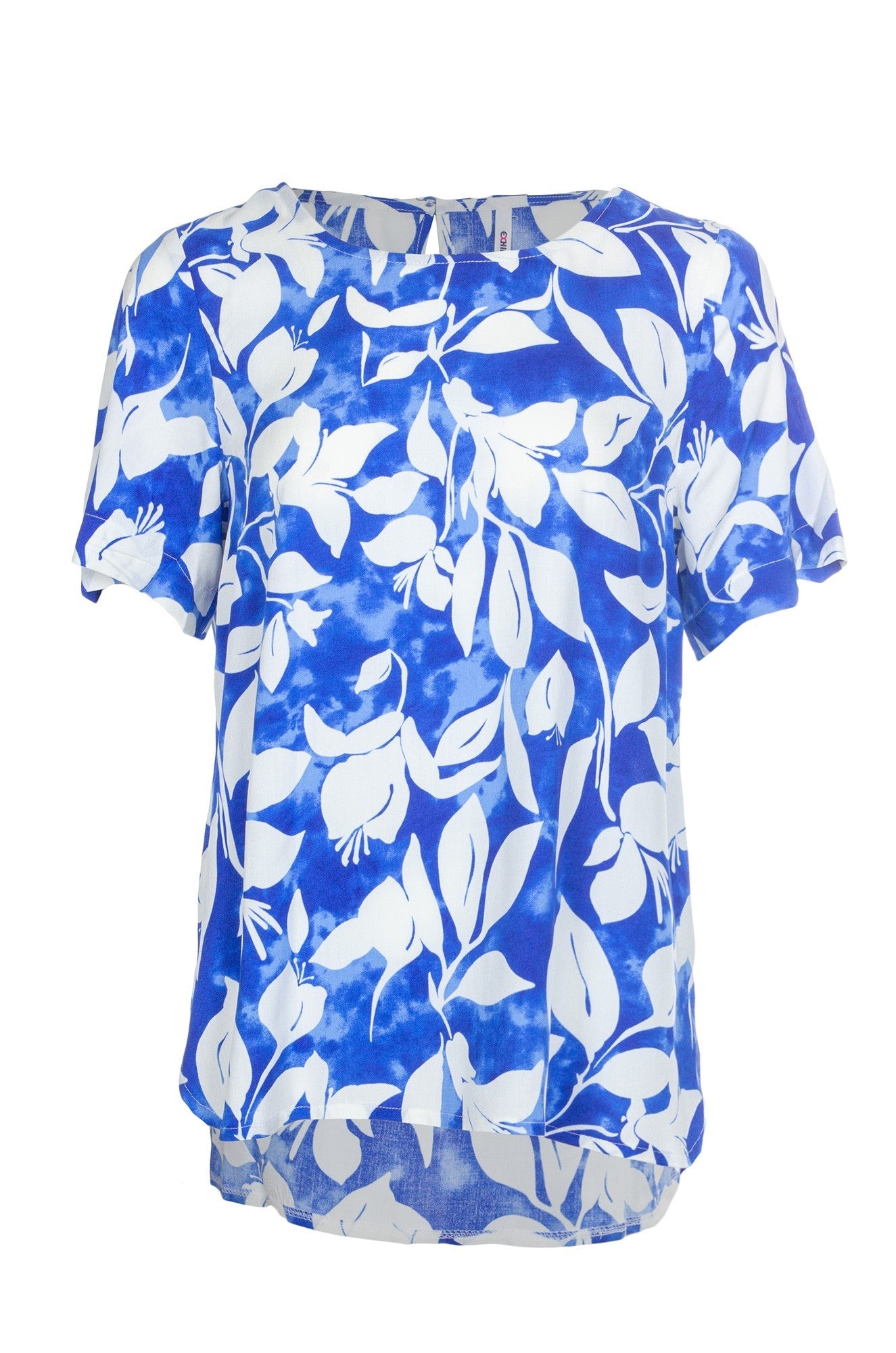 Royal White Leaf Short Sleeve Top with High Low Hem - Women's Casual Blouse for Summer Outfits, Beach Wear & Date Nights | Style 3338A1