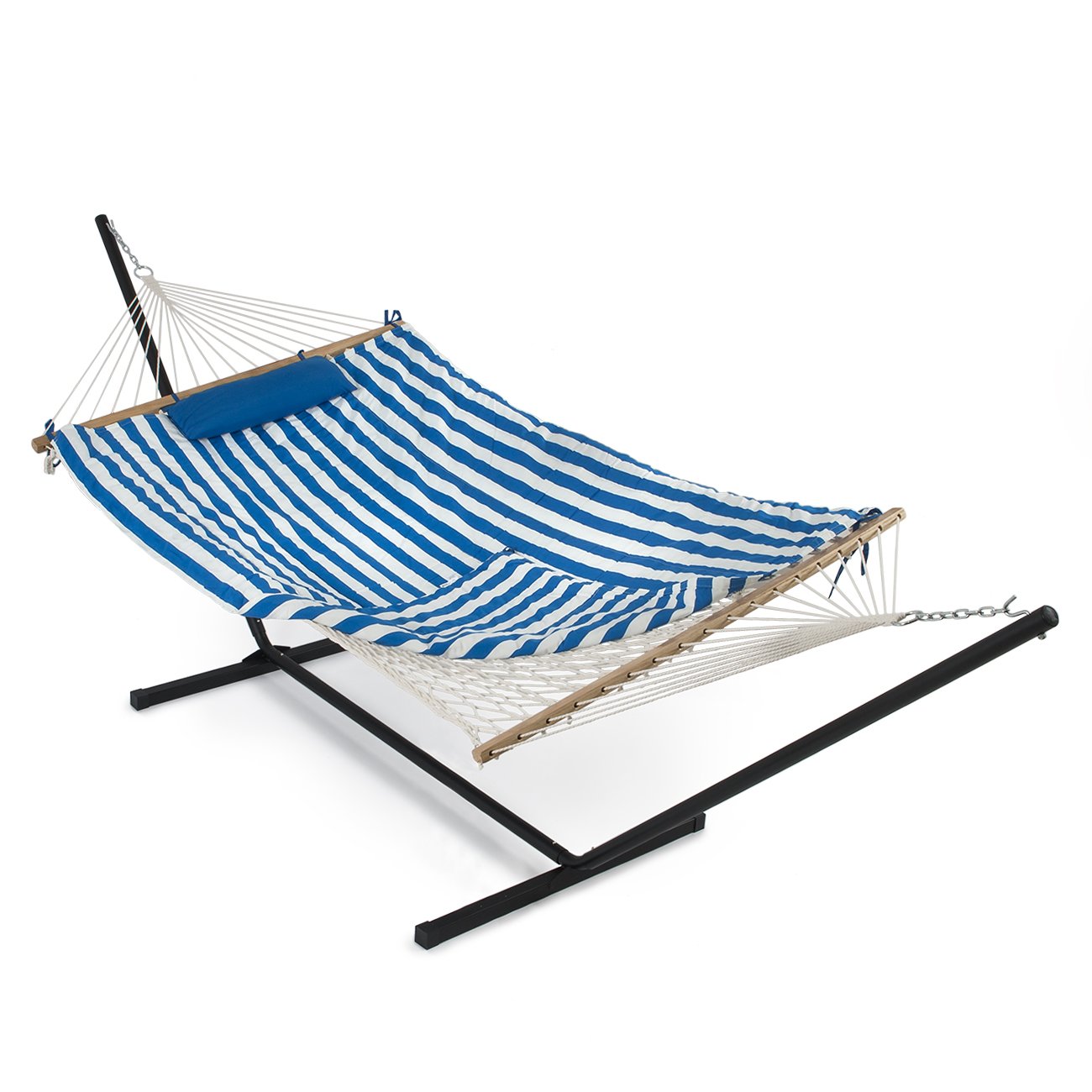 BELLEZE Outdoor Hammock with Stand - Portable Hammock with Pillow, iPad Holder & Cup Holder - Blue & White Patio Furniture for Camping, Backyard, Poolside Relaxation - Perfect for Lounging, Reading & Napping in Your Garden or Vacation