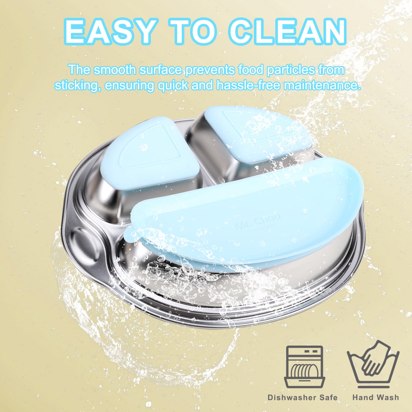 MR. CHOU Stainless Steel Baby Suction Plates - 3 Divided Toddler Plates for Baby Led Weaning | 100% Food Grade, BPA Free, Dishwasher Safe | Non-Slip Suction Base for High Chair & Travel | Perfect for Home, Daycare & On-the-Go Feeding (Blue)