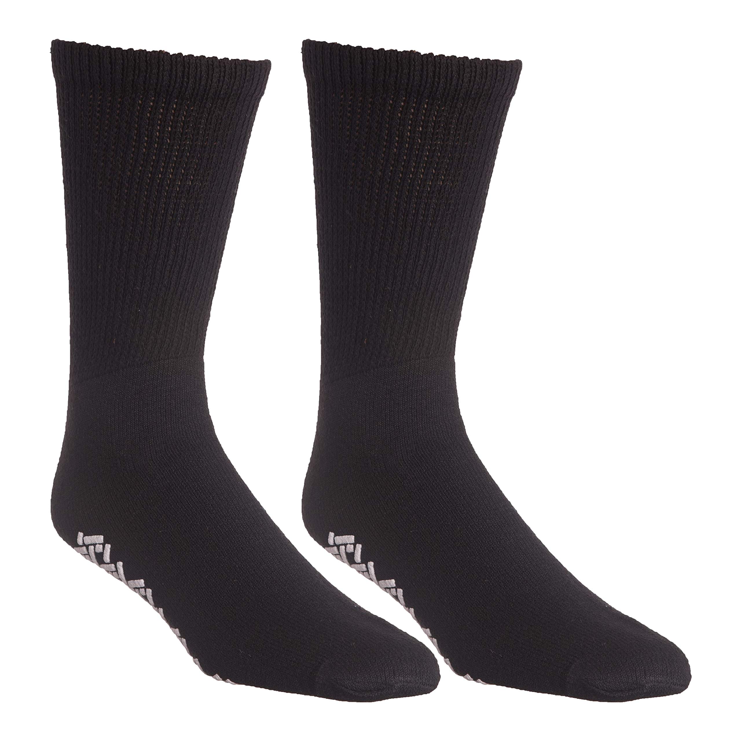 Non-Slip Diabetic Socks for Men & Women - 12 Pairs Breathable Cotton Crew Socks with Arch Support - Loose Fit Comfort Socks for Swollen Feet & Improved Circulation - Anti-Skid Design for Home, Hospital & Daily Wear - Black