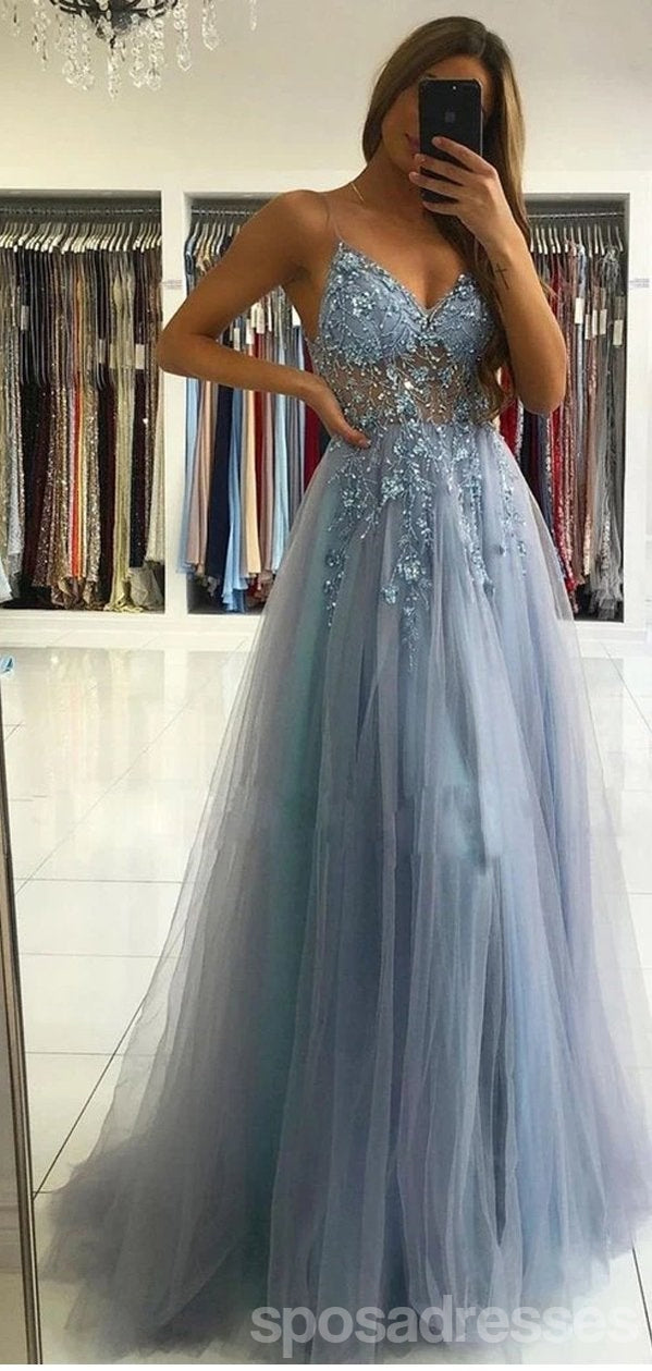 Elegant Dusty Blue A-Line Spaghetti Strap V-Neck Sheer Long Prom Dress for Women | Perfect for Evening Gala, Homecoming, and Formal Events