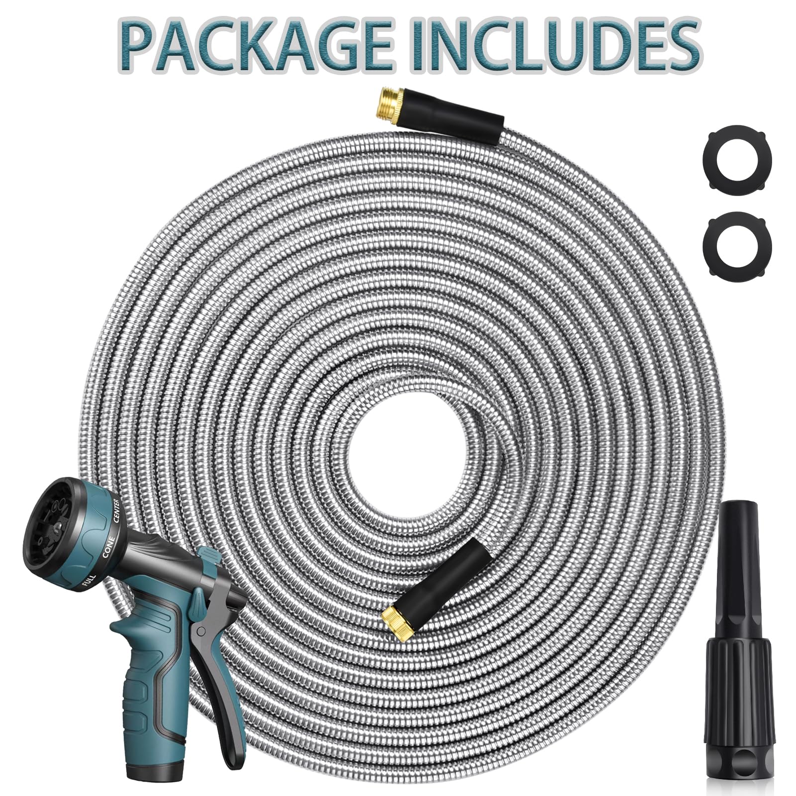 50FT Heavy Duty Stainless Steel Garden Hose - Rust-Proof, Anti-Puncture, Kink-Free & Lightweight with 8-Function Spray Nozzle for Lawn, Yard & Outdoor Watering | Perfect for Gardening, Car Washing & Patio Cleaning