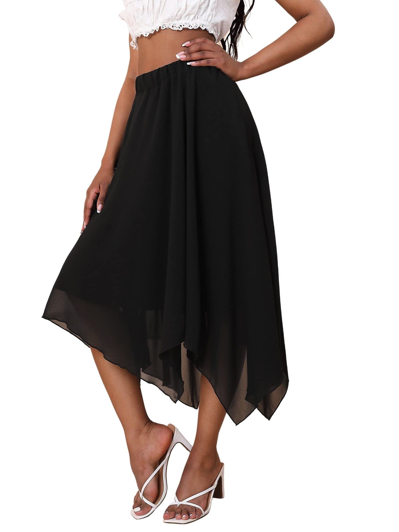 Verdusa Women's Asymmetrical Hem Elastic Waist Flowy Chiffon Maxi Skirt - Elegant Boho Summer Dress for Beach, Vacation & Casual Outings