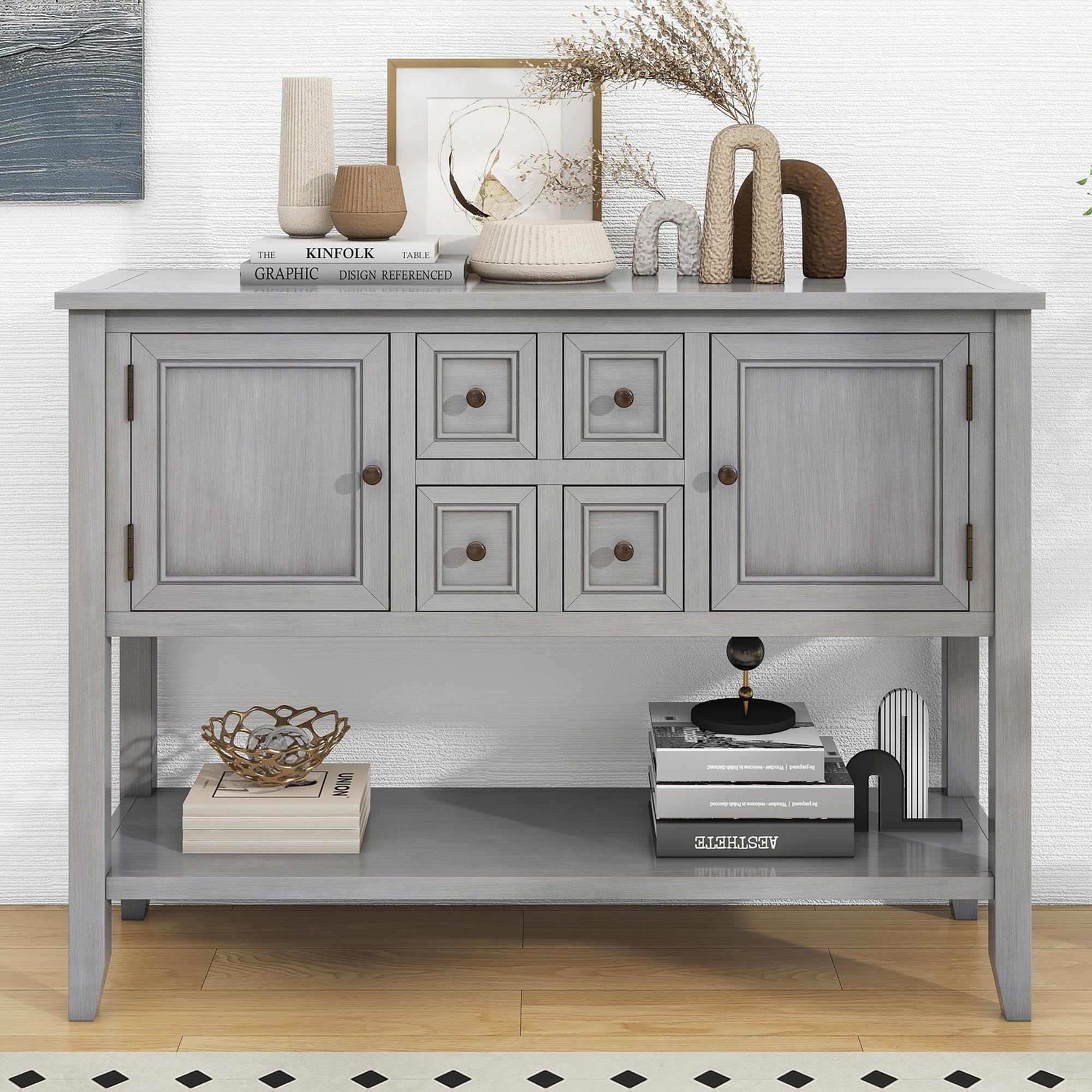 P PURLOVE Antique Grey Console Table with Storage Drawers & Bottom Shelf - Entryway Sofa Table, Buffet Sideboard for Living Room, Hallway & Dining Room Storage Solution