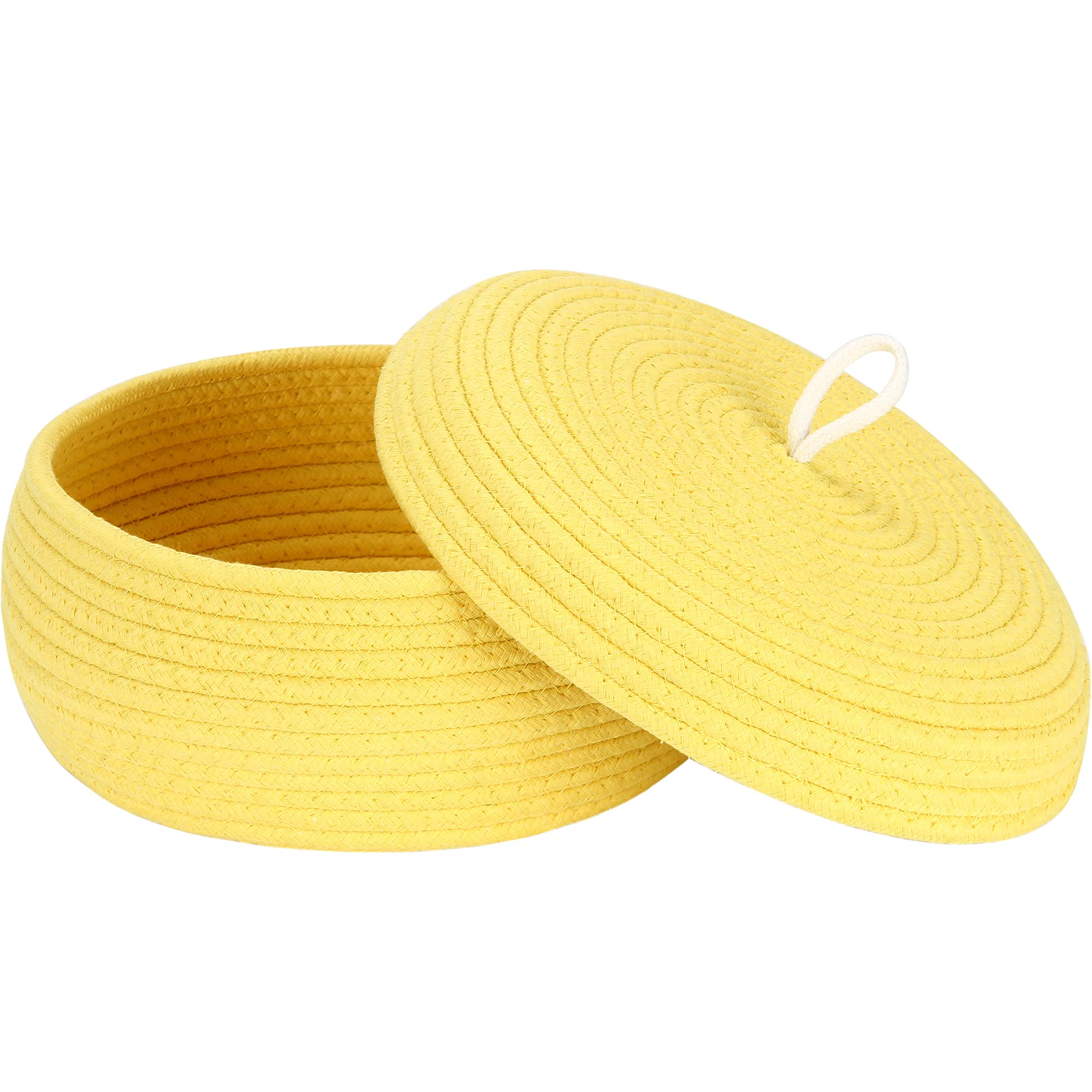 Sea Team Round Cotton Rope Storage Basket with Lid - Decorative Woven Organizer Bin for Home, Nursery & Office - Perfect for Snacks, Towels, Plants & Toys - 13 x 5.5 Inches (Large, Shallow, Yellow) - Ideal for Living Room, Bedroom & Bathroom Storage