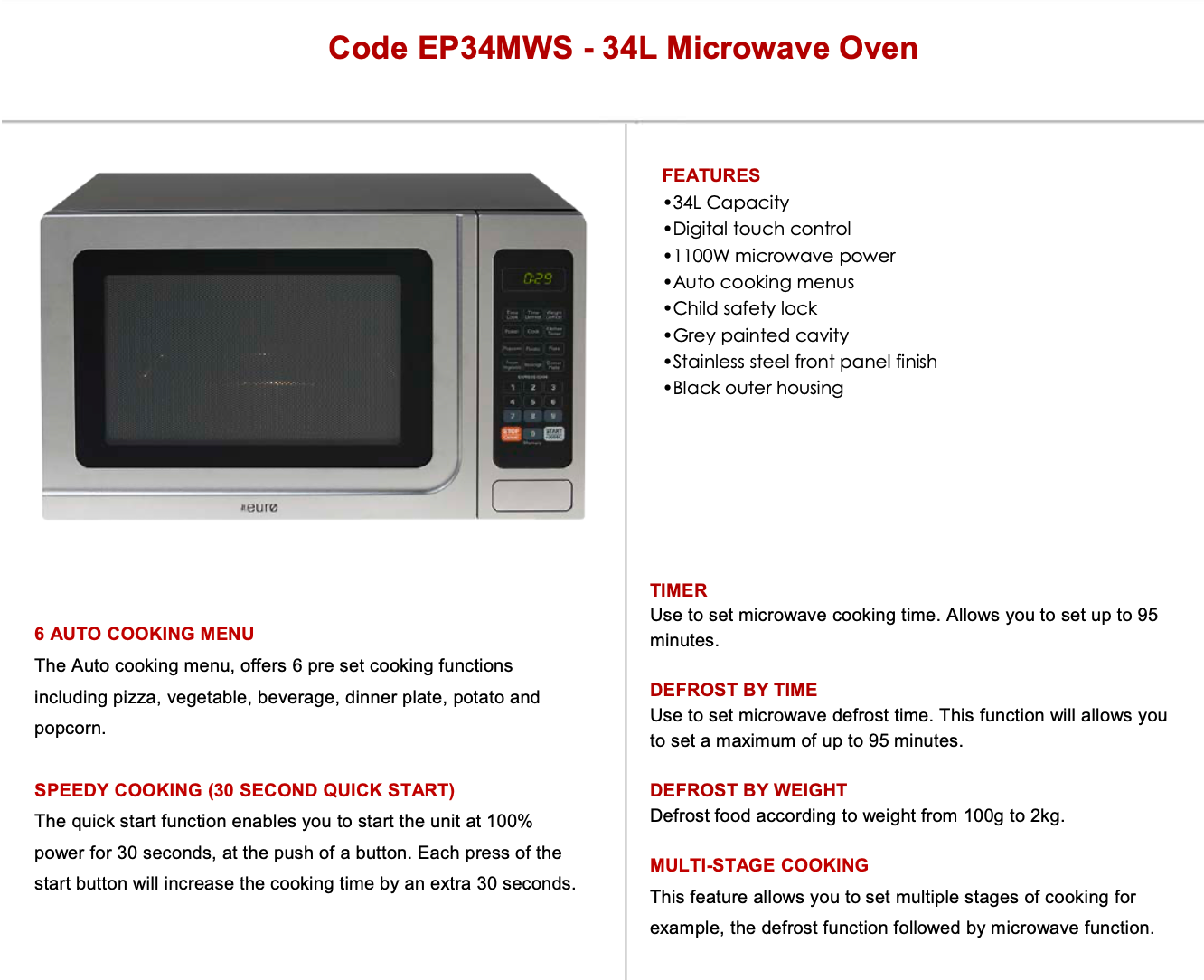 Euro Appliances 1100W 34L Countertop Microwave Oven with 10 Power Levels - Perfect for Small Kitchens, Dorms & Office Break Rooms