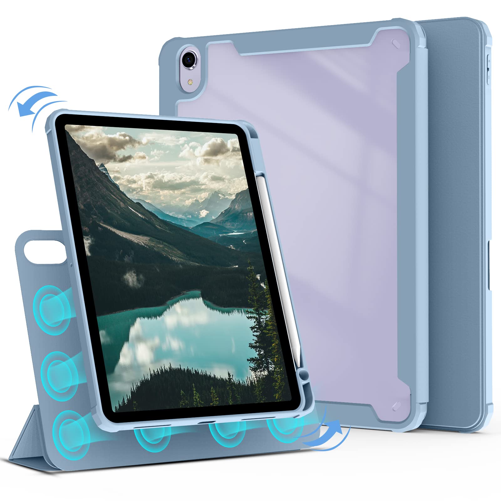 JKSML Magnetic Acrylic Back Case for iPad Air 10.9 inch 5th/4th Gen (2022/2020) & iPad 10.2 inch - 2-in-1 Detachable Stand, 360° Rotating, Auto Wake/Sleep - Sky Blue Protective Cover for Work, Study & Entertainment