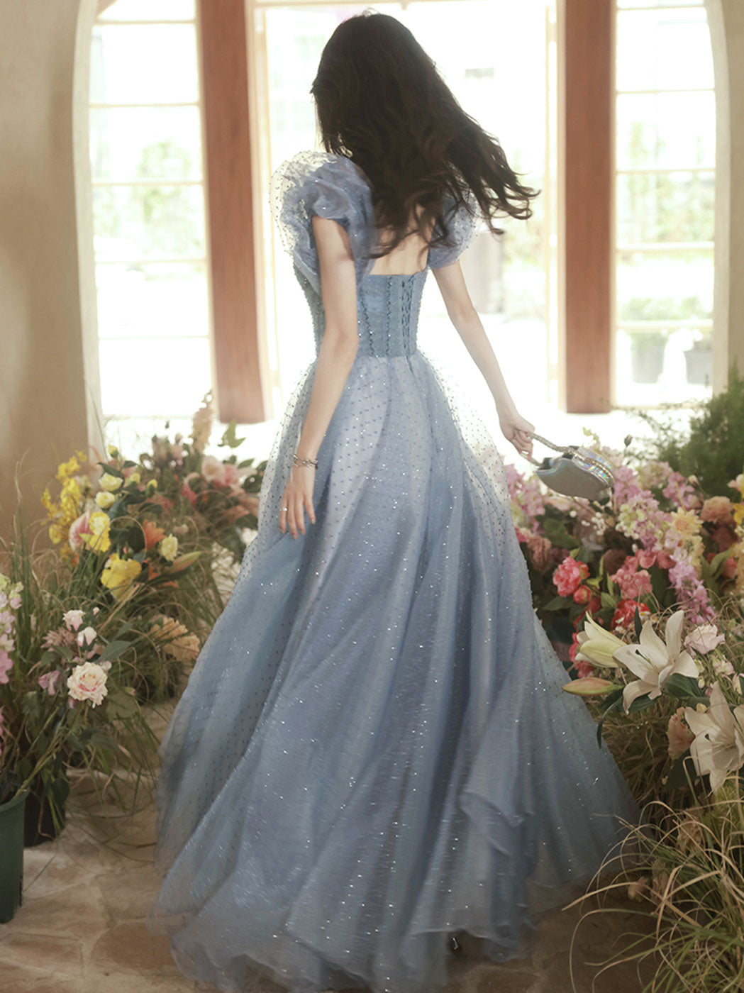 Elegant A-Line Sweetheart Neck Tulle Long Prom Dress in Gray-Blue | Formal Evening Gown for Homecoming, Wedding, Ball & Special Occasions