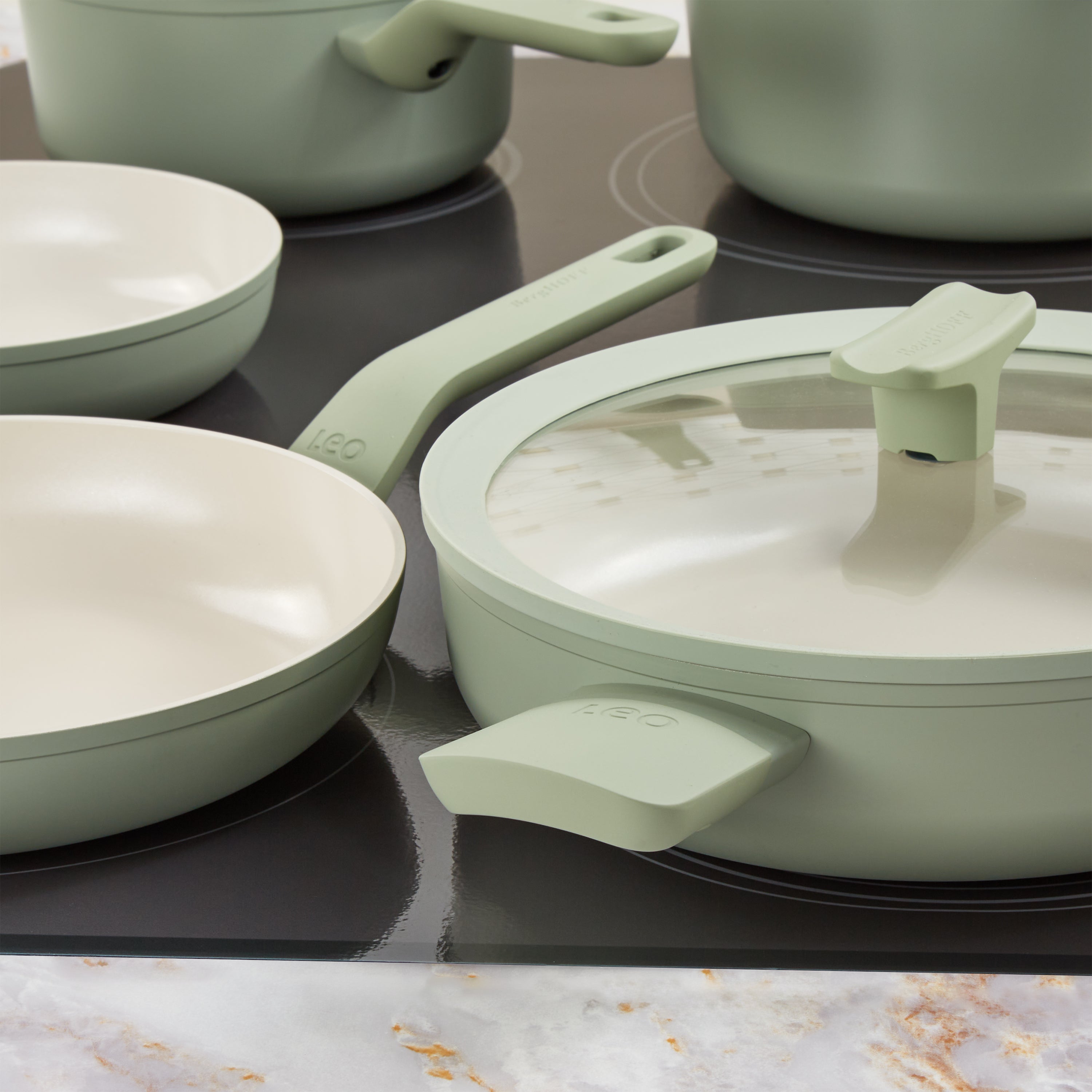 BergHOFF Leo Balance 11-Piece Nonstick Aluminum Cookware Set with Glass Lids - Sage Green | Durable Kitchen Pots & Pans for Cooking, Frying & Sauteing | Perfect for Home Chefs & Everyday Meals