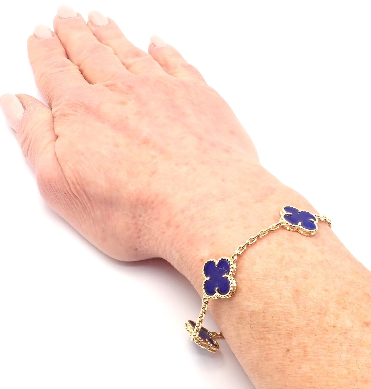 Authentic Van Cleef & Arpels 18k Gold 5 Motif Alhambra Lapis Lazuli Bracelet - Luxury Jewelry Gift for Women, Perfect for Weddings & Special Occasions