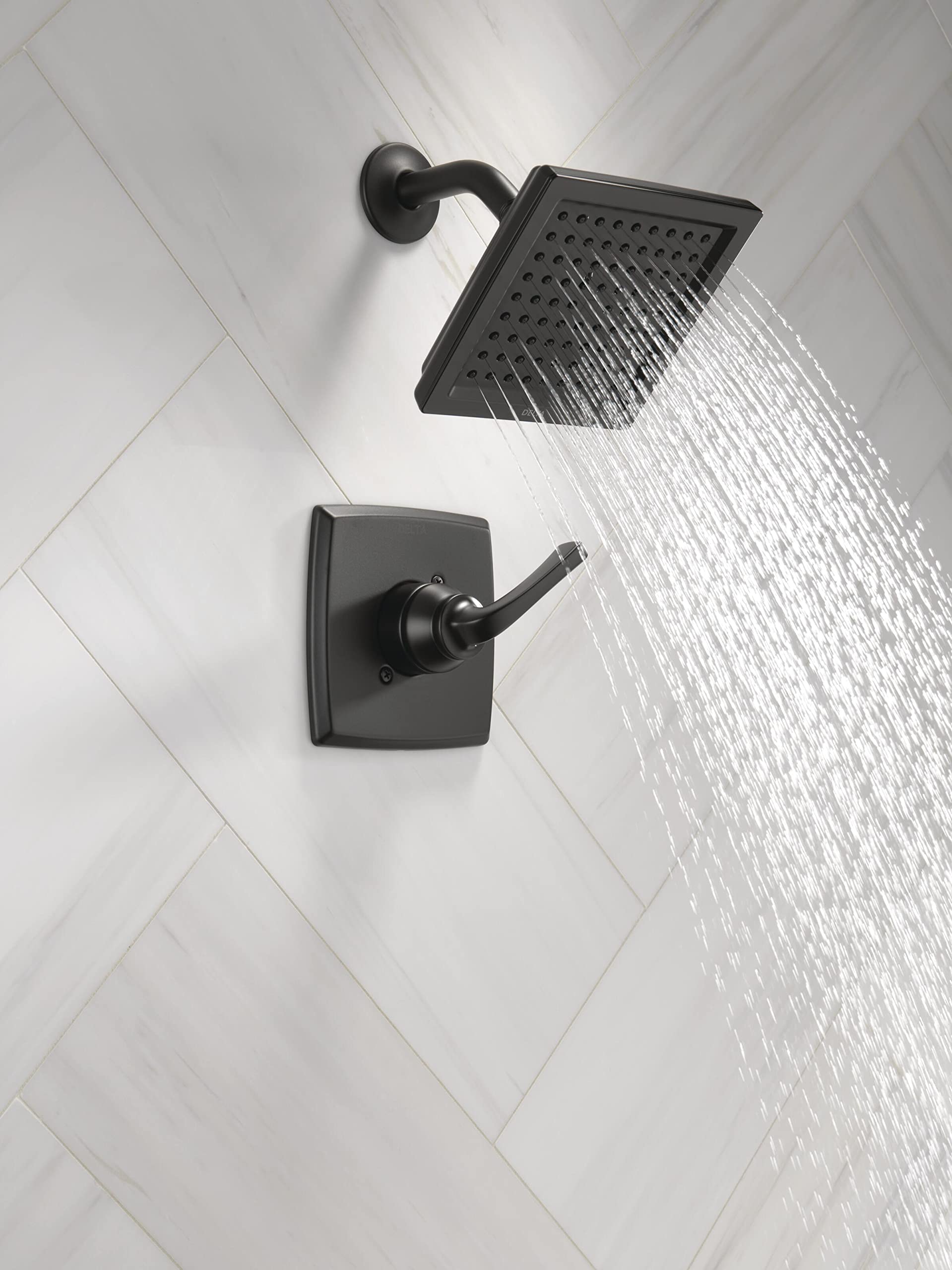 Delta Faucet Geist 14 Series Matte Black Shower Faucet Set with Single-Spray Shower Head & Valve Included - Complete Shower Trim Kit for Modern Bathrooms (Model 142864-BL) - Perfect for Spa-Like Showers and Luxury Bathroom Upgrades