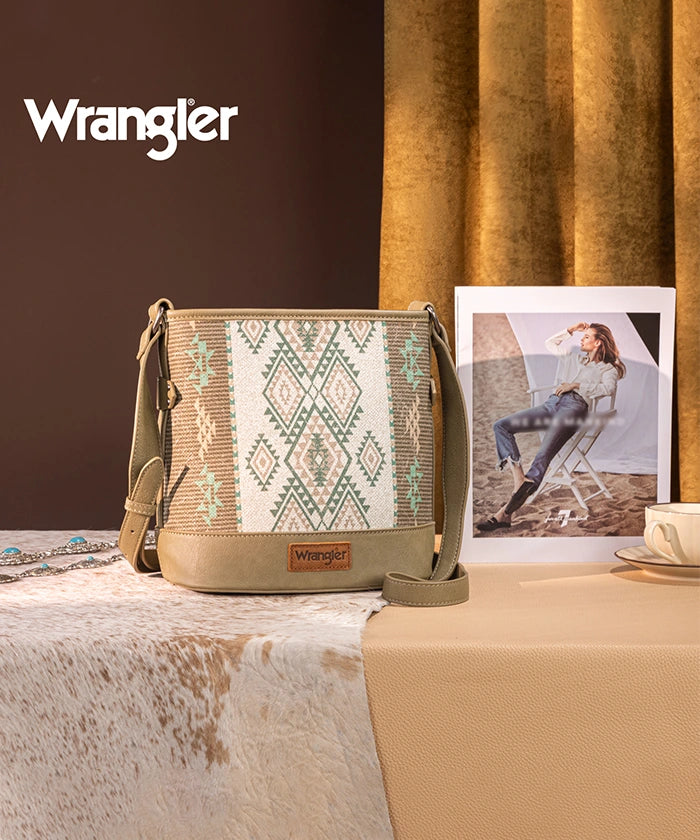 Wrangler Aztec Print Canvas Bucket Bag for Women - Stylish Crossbody Purse with Adjustable Strap, Perfect for Travel, Shopping & Everyday Use