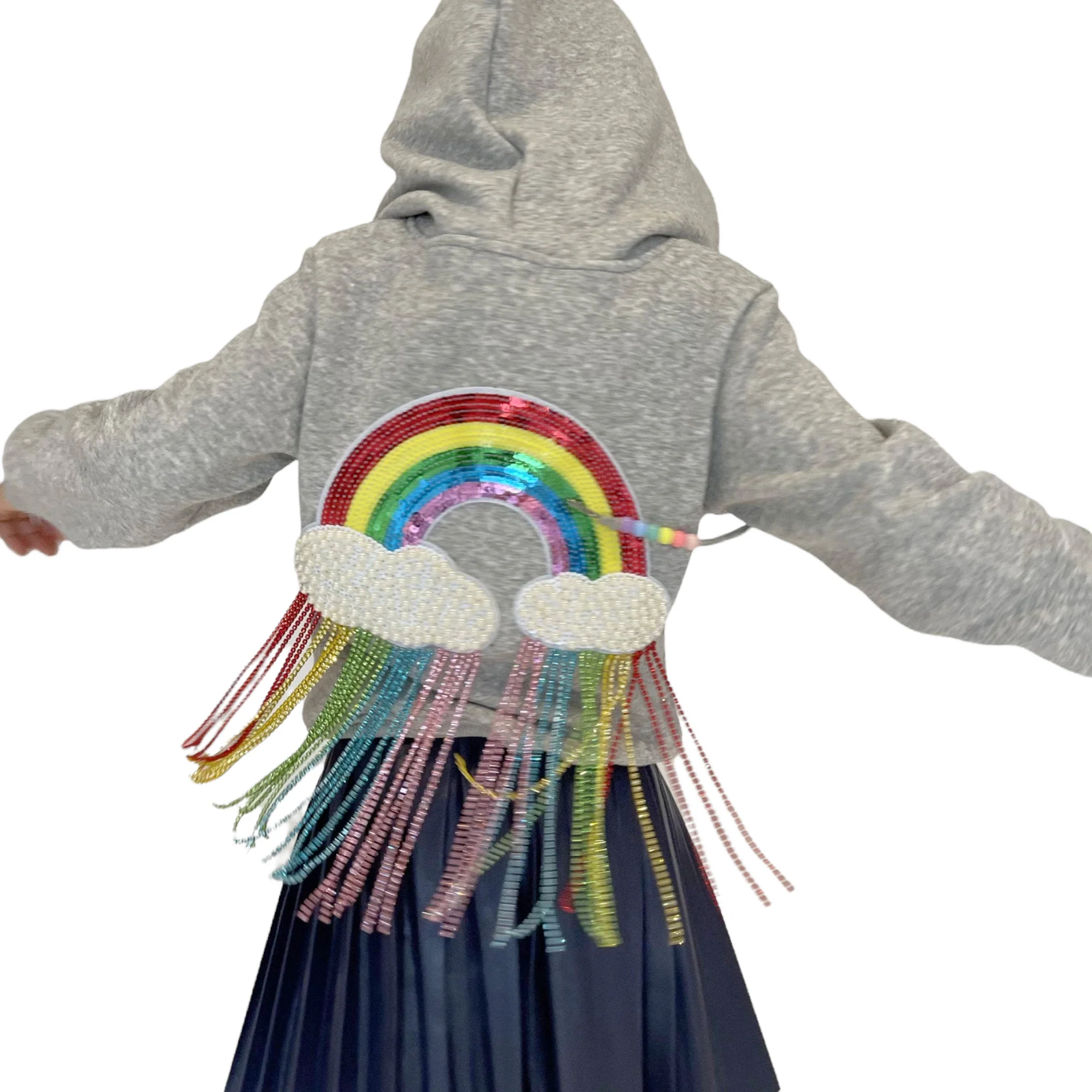 Lola & The Boys Crystal Rainbow Hoodie for Girls - Grey Pullover with Rhinestone Design | Perfect for Birthday Gifts, School Fashion & Winter Outfits