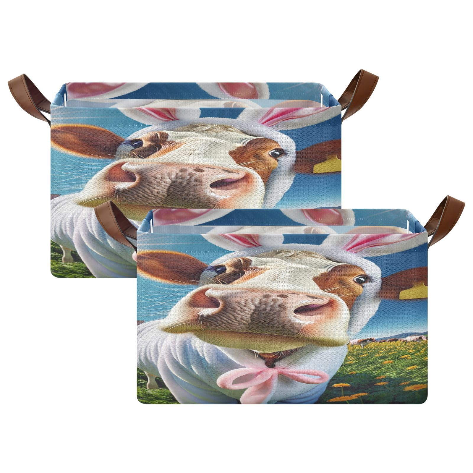 Funny Easter Cow Under Bed Storage Bins - Foldable Collapsible Storage Basket with Handles & Metal Frame - Closet Cabinet Organizer (2-Pack) - Perfect for Seasonal Decor, Kids Room Organization & Holiday Storage