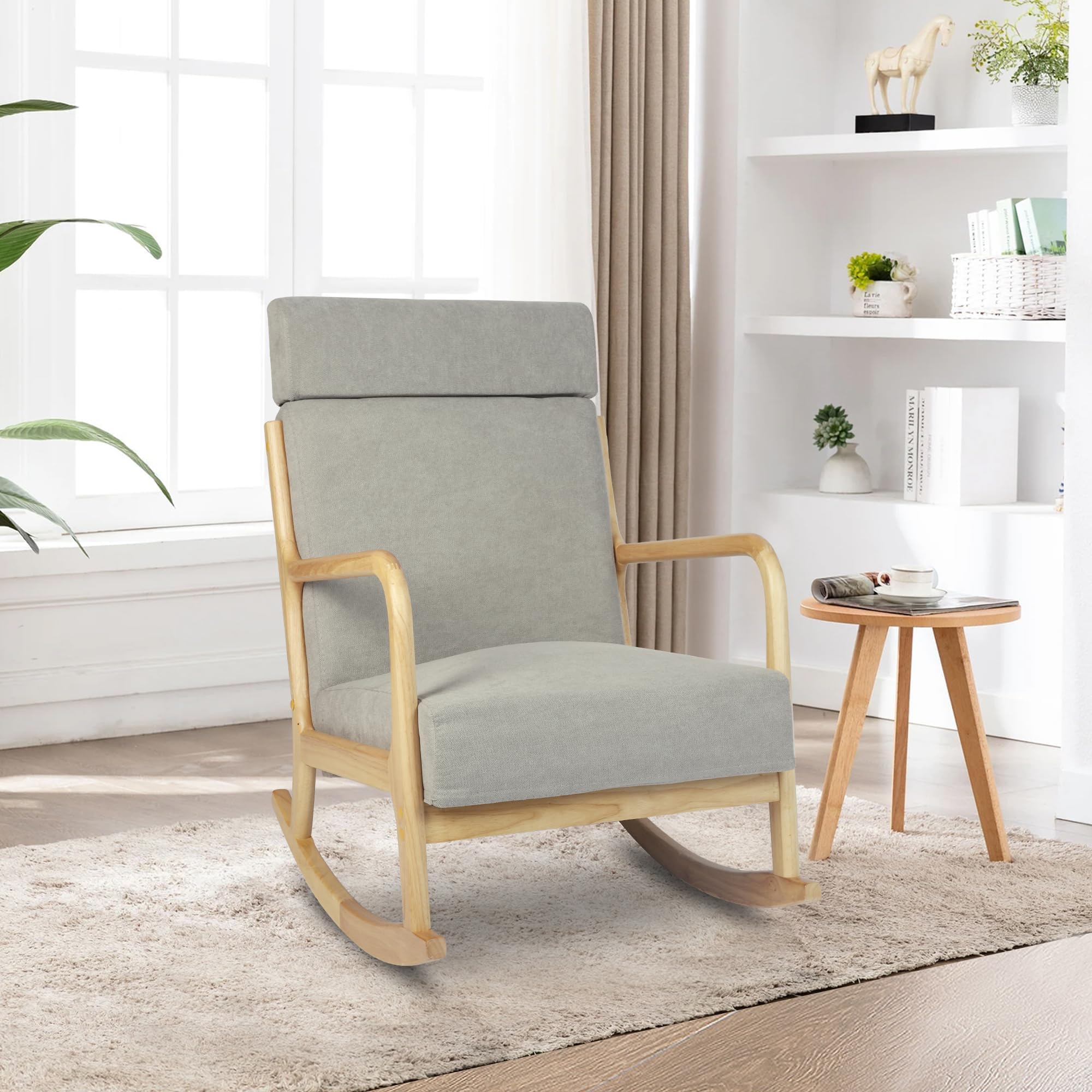 **Solid Wood Glider Rocking Chair with High Back – Upholstered Nursery & Living Room Accent Chair – Grey Linen Fabric for Nursery, Bedroom & Relaxation**    *(Perfect for Nurseries, Living Rooms, Bedrooms & Cozy Relaxation Spaces)*