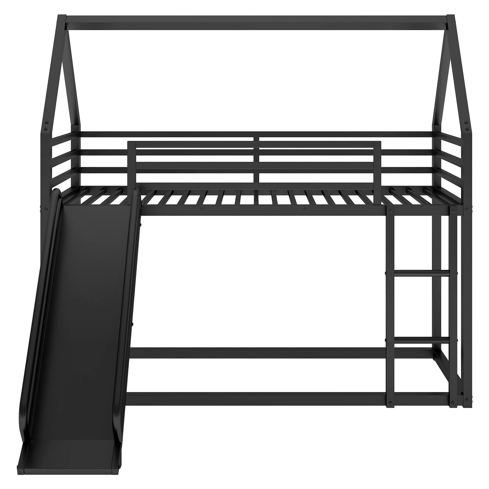 Morhome Twin Over Twin Metal Junior Low Bunk Bed with Slide & Ladder - Montessori Floor Bunk Bed Frame with Full-Length Guardrail, Noise-Free Design - Perfect for Kids' Bedroom, Playroom or Small Space