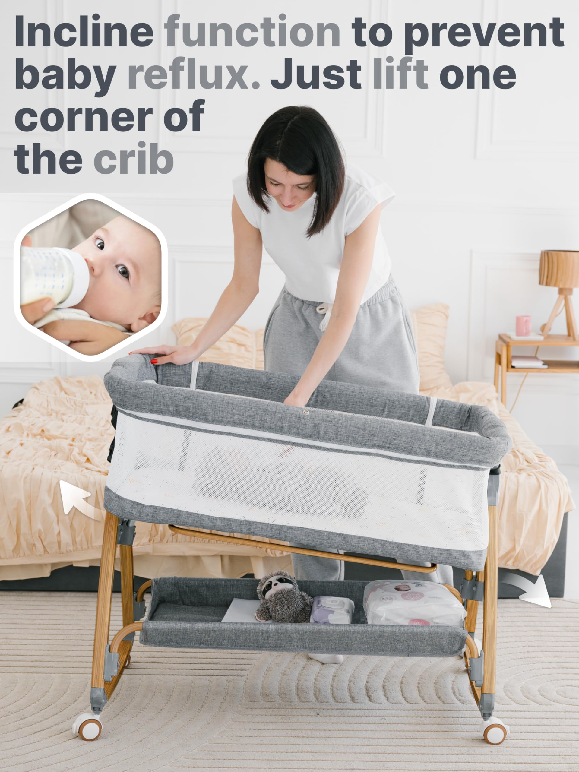 **Portable Baby Rocking Bassinet Bedside Sleeper - Adjustable Height Mesh Crib for Safe Co-Sleeping, Storage Basket & Wheels, Includes Travel Bag & Mosquito Net (Wood Grain, Grey) – Perfect for Nursery, Travel & Bedside Sleeping**