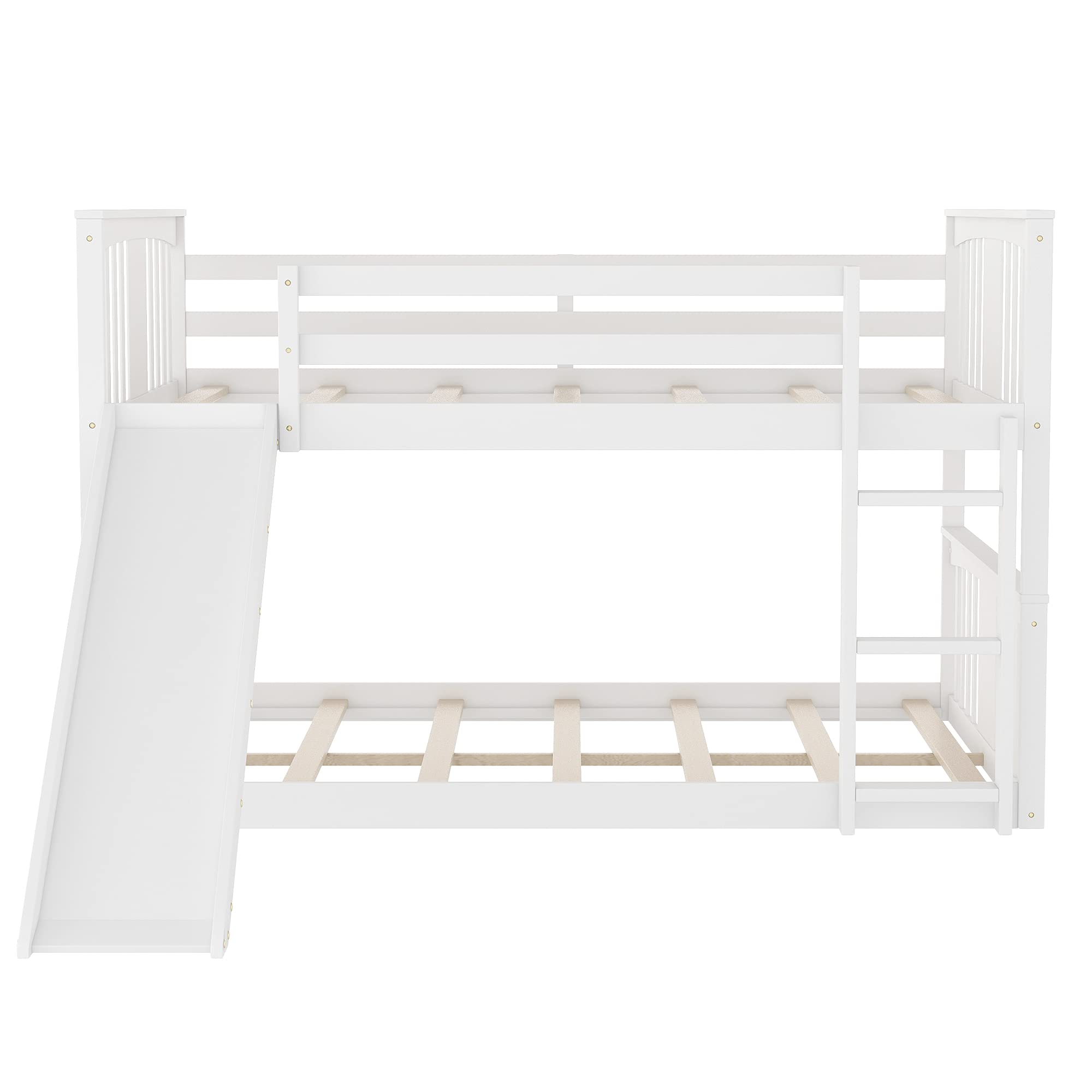 Harper & Bright Designs Full Over Full Bunk Bed with Slide - Solid Wood Low Bunk Bed Frame with Ladder & Safety Guard Rail - Kids & Teens Floor Bunk Beds for Bedroom, Dorm, or Guest Room (White)