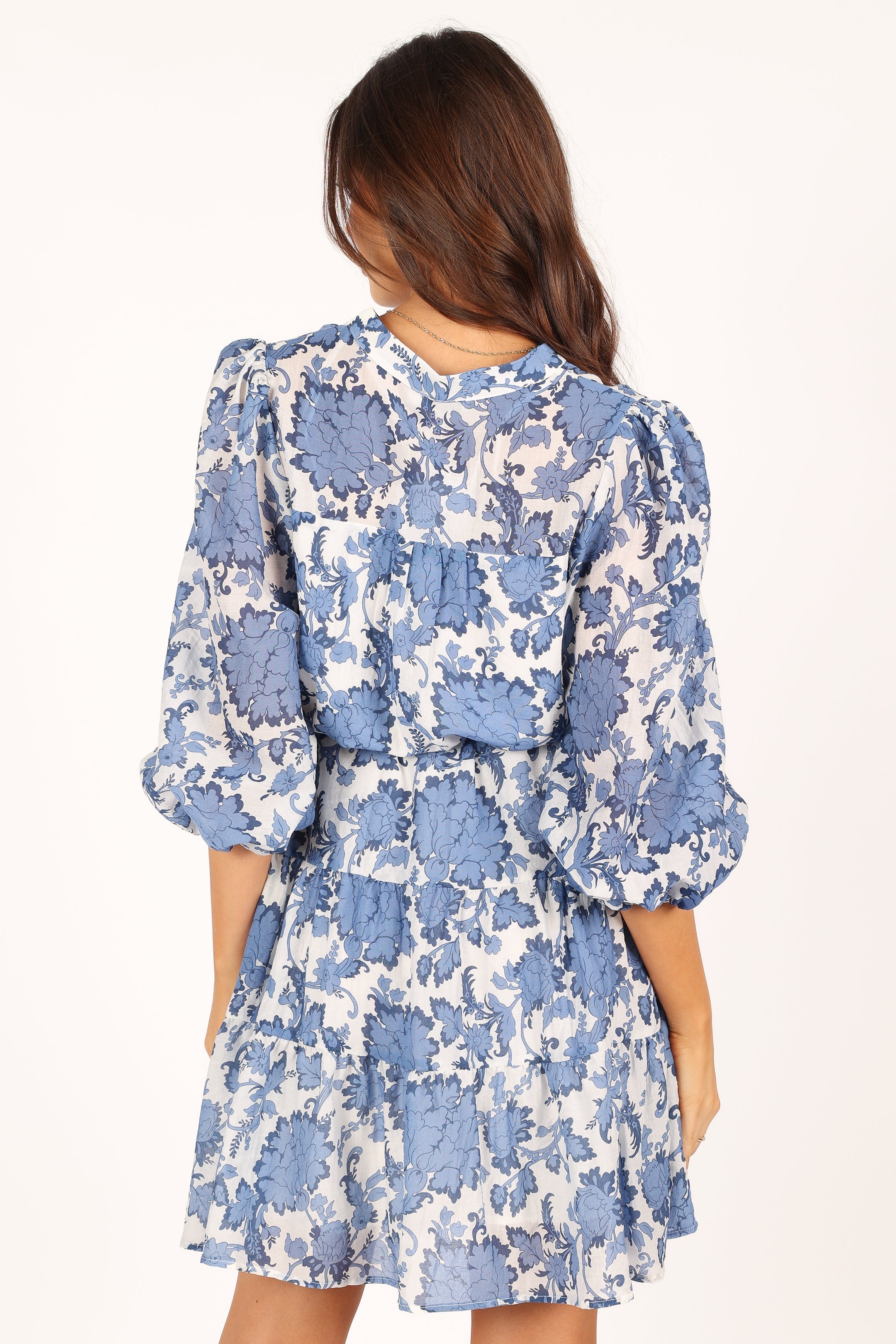 Dierdre Long Sleeve Mini Dress - Blue Floral Print Women's Party Dress for Cocktail, Wedding & Date Night