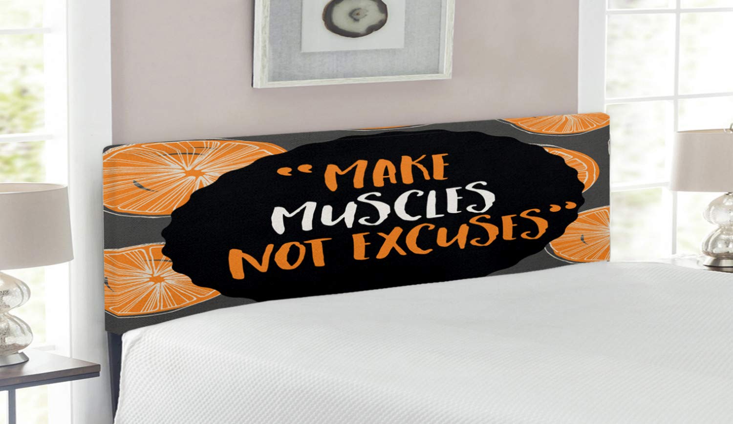 Ambesonne Fitness Headboard - Modern Upholstered Metal Bed Headboard with Memory Foam, Queen Size in Charcoal Grey & Orange | Motivational 'Make Muscles Not Excuses' Design | Perfect for Home Gym Decor & Bedroom Fitness Inspiration
