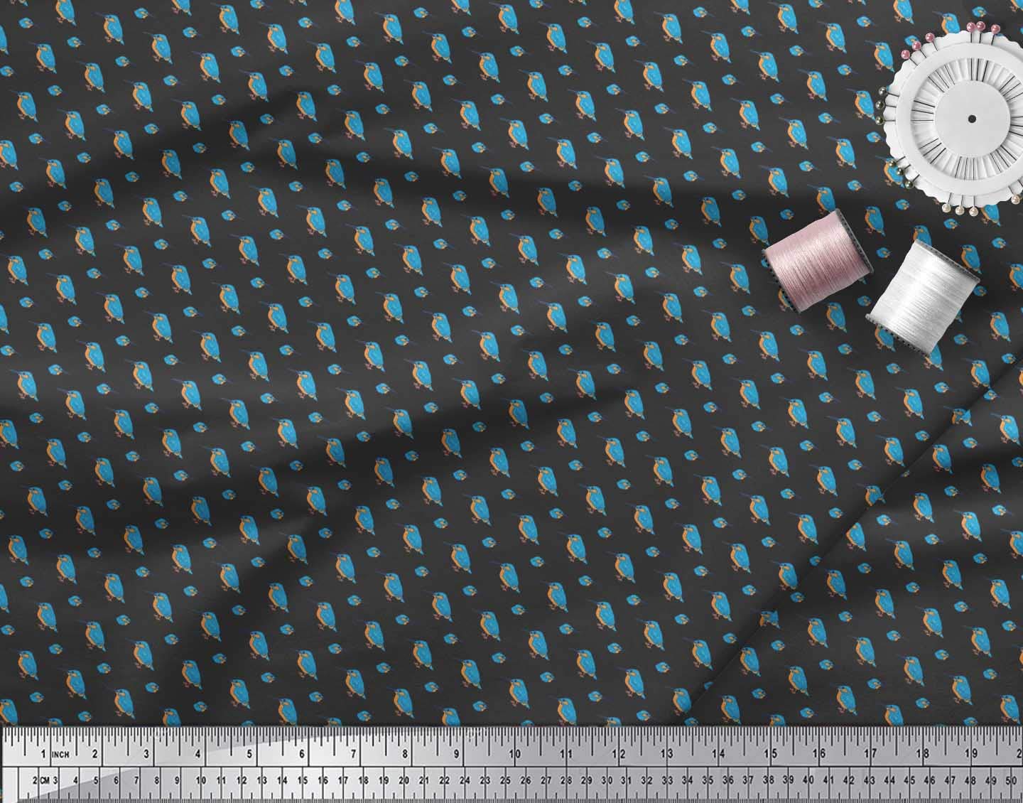 Soimoi Viscose Chiffon Fabric - 42 Inch Wide Black Kingfisher Bird Print Fabric by The Yard - Lightweight Flowy Material for Dresses, Blouses & Scarves - Avian Elegance Fashion Fabric