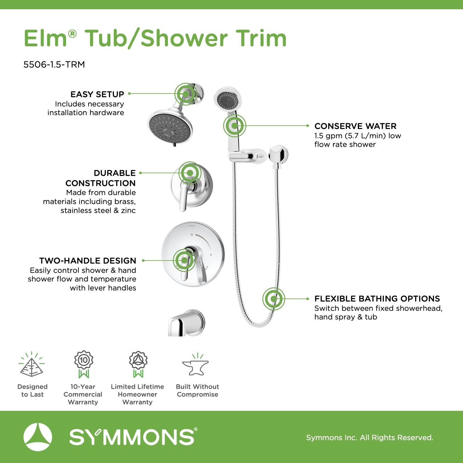 Symmons 5506-1.5-TRM Elm 2-Handle Tub and Shower Faucet Trim with 5-Spray Showerhead & 3-Spray Hand Shower in Polished Chrome (Valves Sold Separately) - Perfect for Bathroom Renovation and Luxury Spa Experience