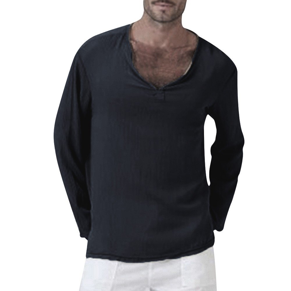XXBR Men's Long Sleeve V-Neck Cotton T-Shirt - Solid Color Hippie Style Casual Shirt, Plus Size Wrinkle-Free Comfortable Beach Top for Travel, Yoga & Boho Fashion