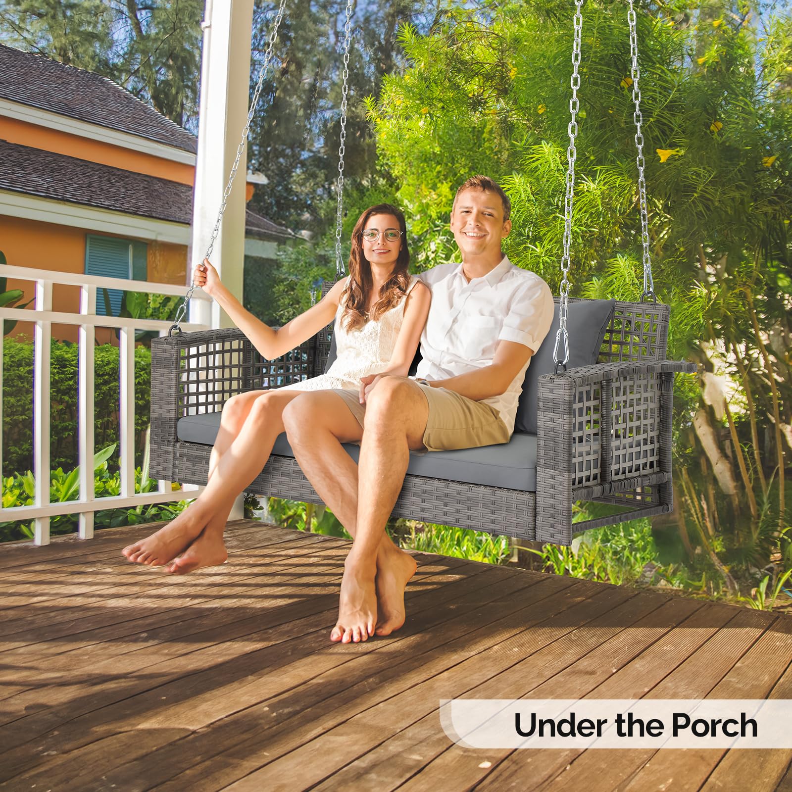 VINGLI 4 FT Outdoor Rattan Porch Swing with Cushions - 800 LB Weight Capacity, Adjustable Chains - Patio Wicker Swing Bench Chair for Garden, Yard, Lawn, or Tree (Grey) - Perfect for Relaxing on Your Porch, Deck, or Backyard Oasis