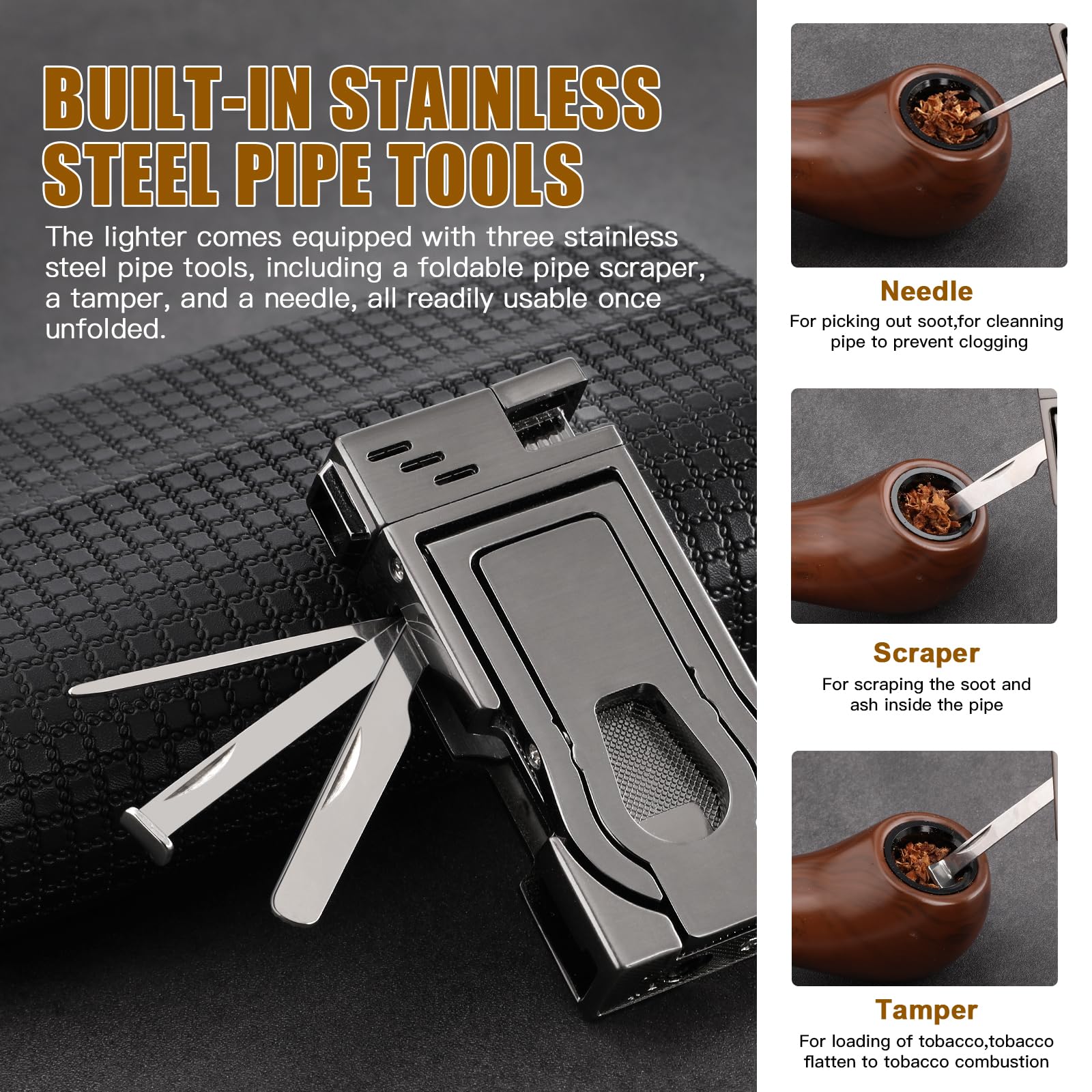 **Refillable Butane Pipe Lighter with Stand - 5-in-1 Soft Flame Lighter with Stainless Steel Pipe Tools & Cleaner - Portable for Indoor & Outdoor Use - Perfect Gift for Pipe Smokers**    *(Ideal for camping, travel, home use, and as a thoughtful gift for pipe enthusiasts.)*
