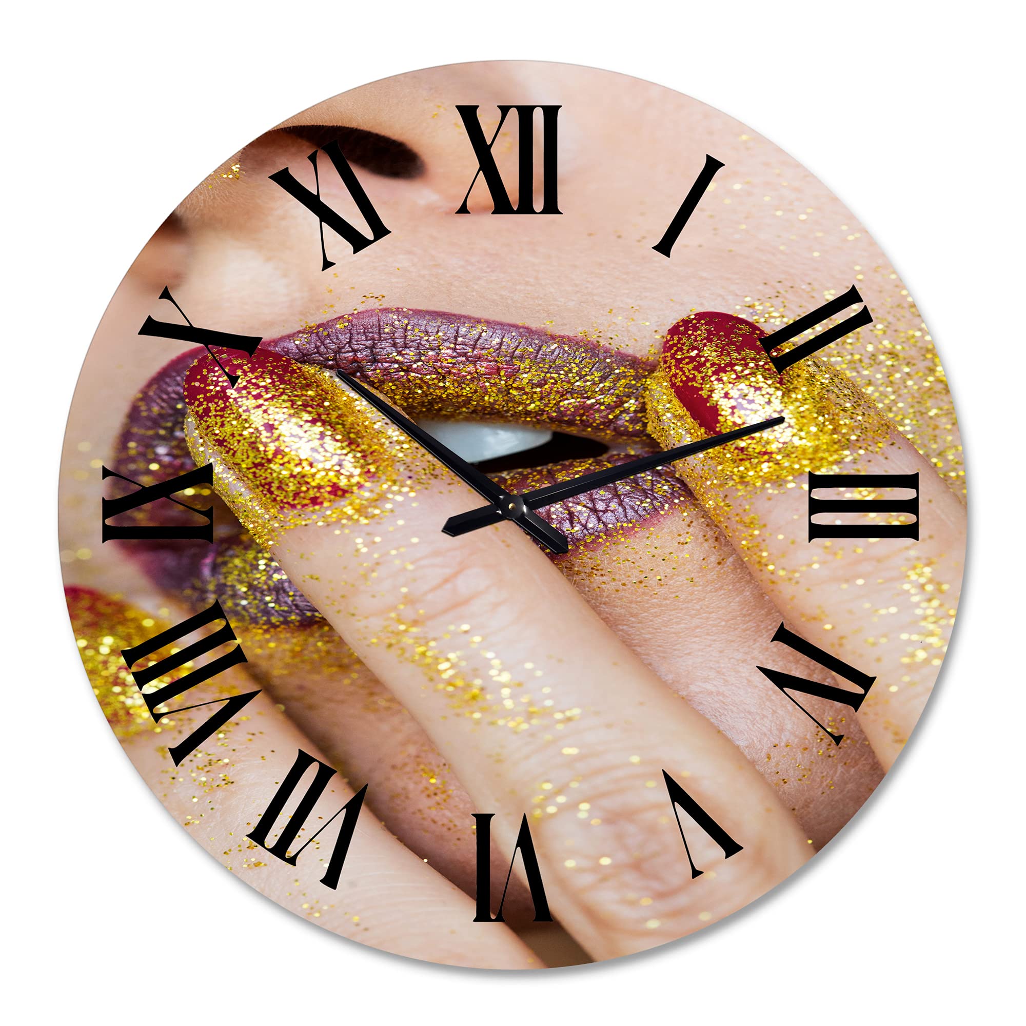 DesignQ Modern Large Wall Clock - Golden Glitter Lipstick Close-Up Art for Office & Home Decor | Perfect for Living Room, Bedroom, or Workspace