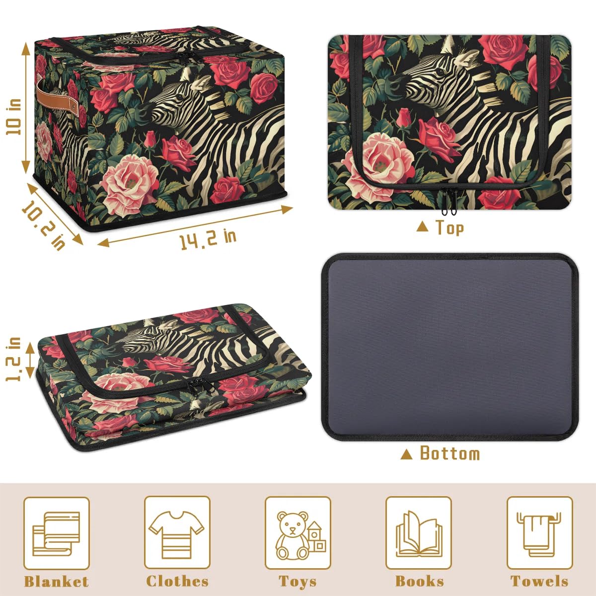 Rose Red Zebra Storage Bins with Zipper Lid - 2 Pack Stackable Storage Baskets with Metal Frame & PU Handles - Closet Organizer Cube for Clothes, Toys, or Blankets - Perfect for Bedroom, Nursery, or Office Storage Solutions