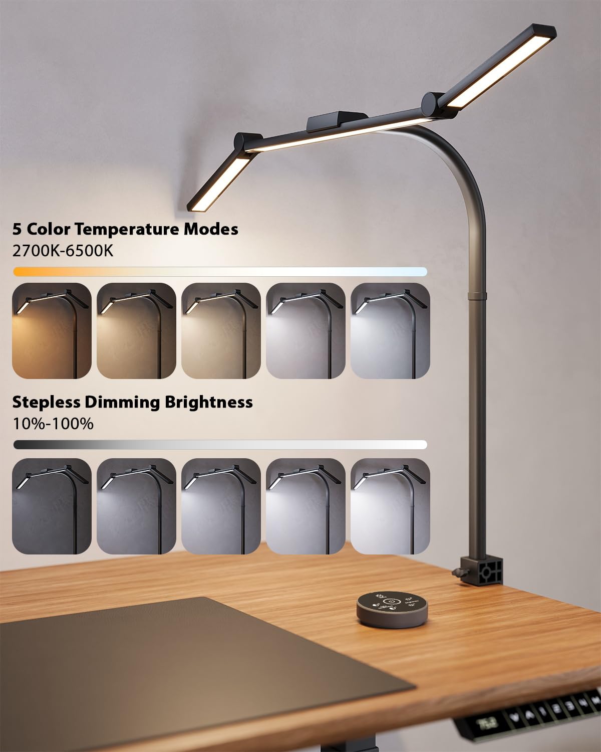 24W LED Desk Lamp with Remote - Adjustable Double Head Architect Lamp, Flexible Gooseneck & Clamp, 5 Color Modes, Eye-Caring Light for Home Office, Computer Work, Drafting & Reading