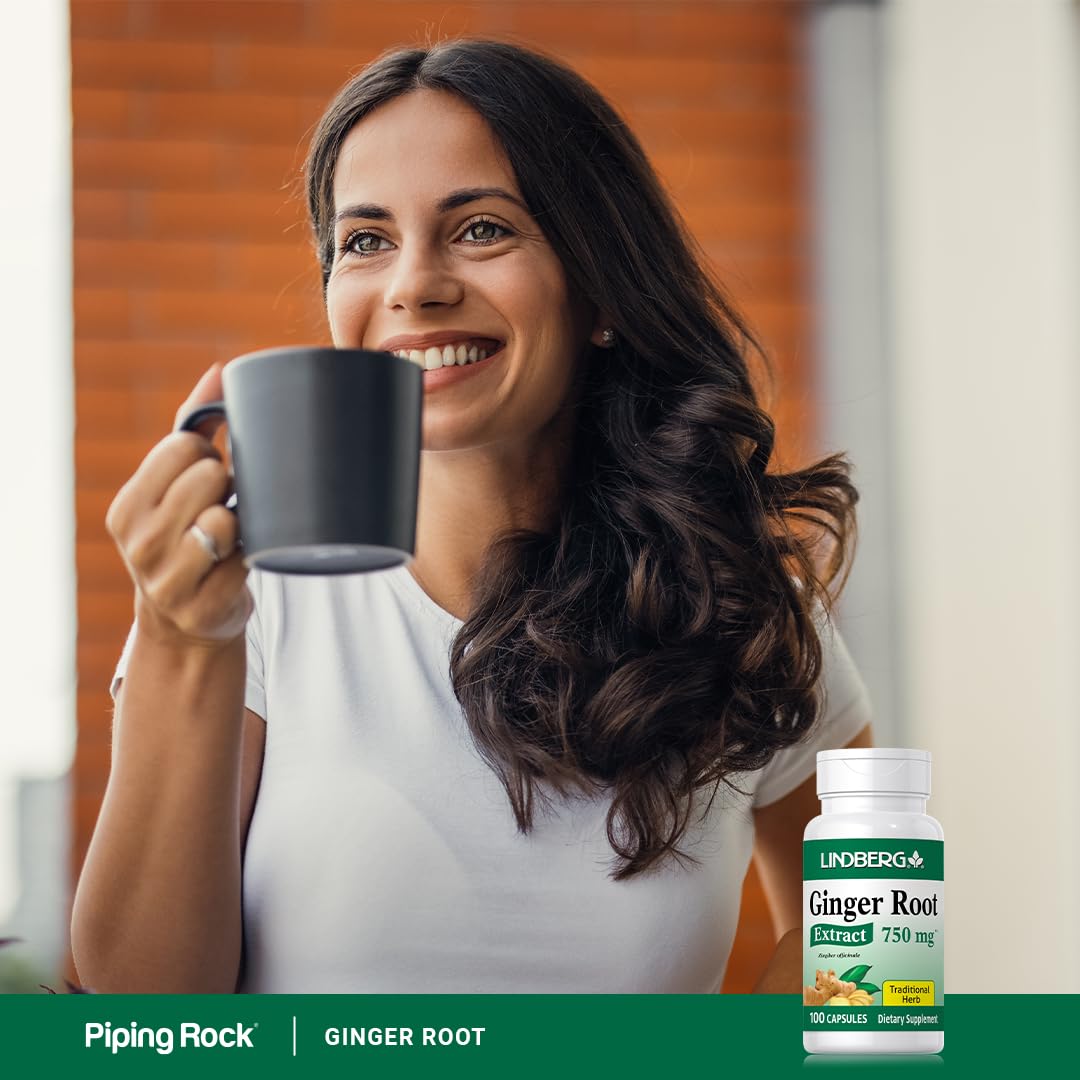 Lindberg Ginger Root Capsules 750mg | 100 Count | Non-GMO, Gluten Free Dietary Supplement | Supports Digestion & Nausea Relief | Perfect for Travel, Morning Sickness & Motion Sickness