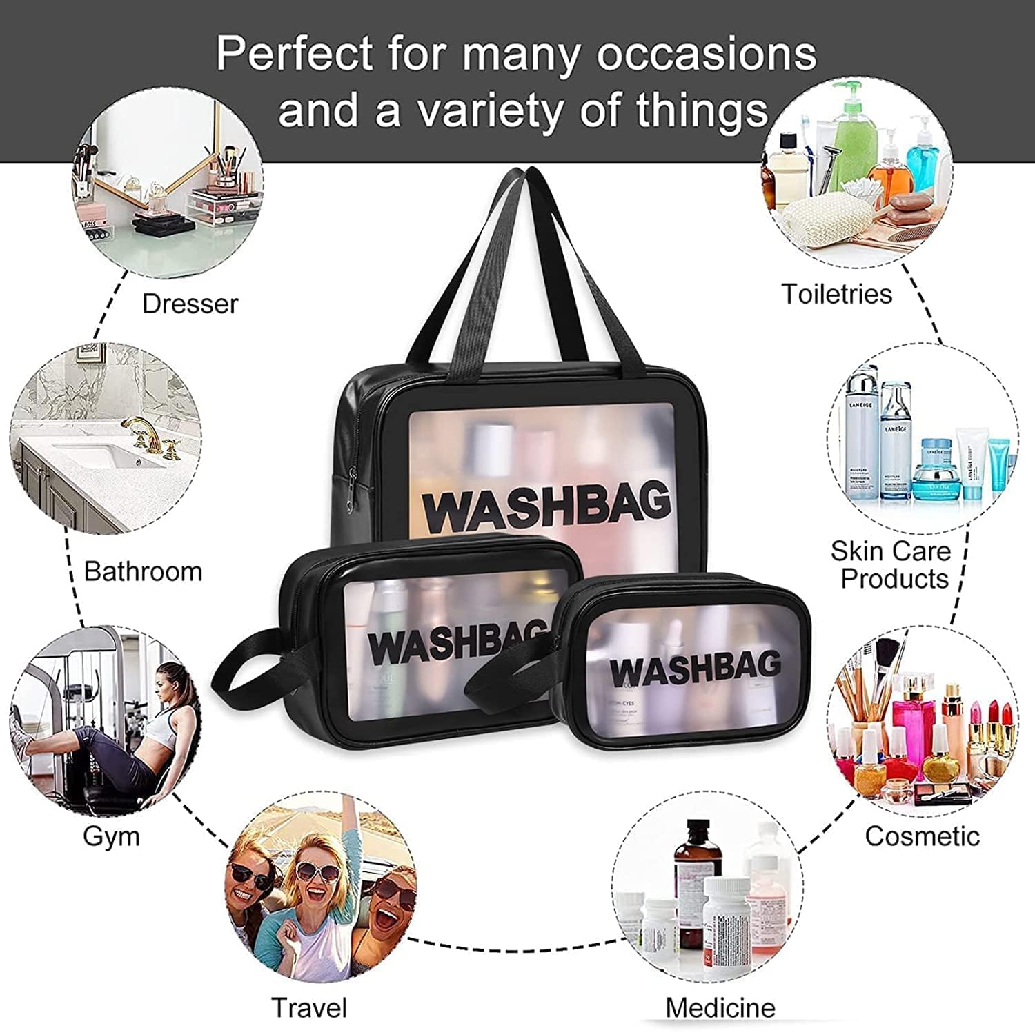 RAIYARAJ 3-Piece Makeup Pouch Set - Waterproof Travel Toiletries Bag & Cosmetic Organizer for Women - Portable Wash Bag for Cosmetics, Toiletries, Jewelry - Perfect for Travel, Gym, Bathroom Storage (Black)