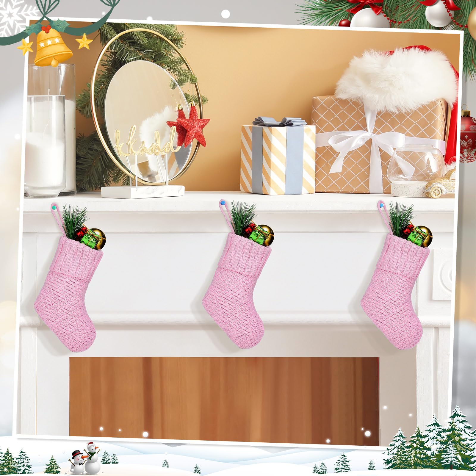 24 Pcs 7 Inch Knit Christmas Stockings - Rustic Farmhouse Cable Knit Mini Stocking Decorations for Xmas Tree Hanging, Gift Exchange & Holiday Party Decor (Pink) - Perfect for Fireplace Mantel, Staircase & Christmas Village Displays