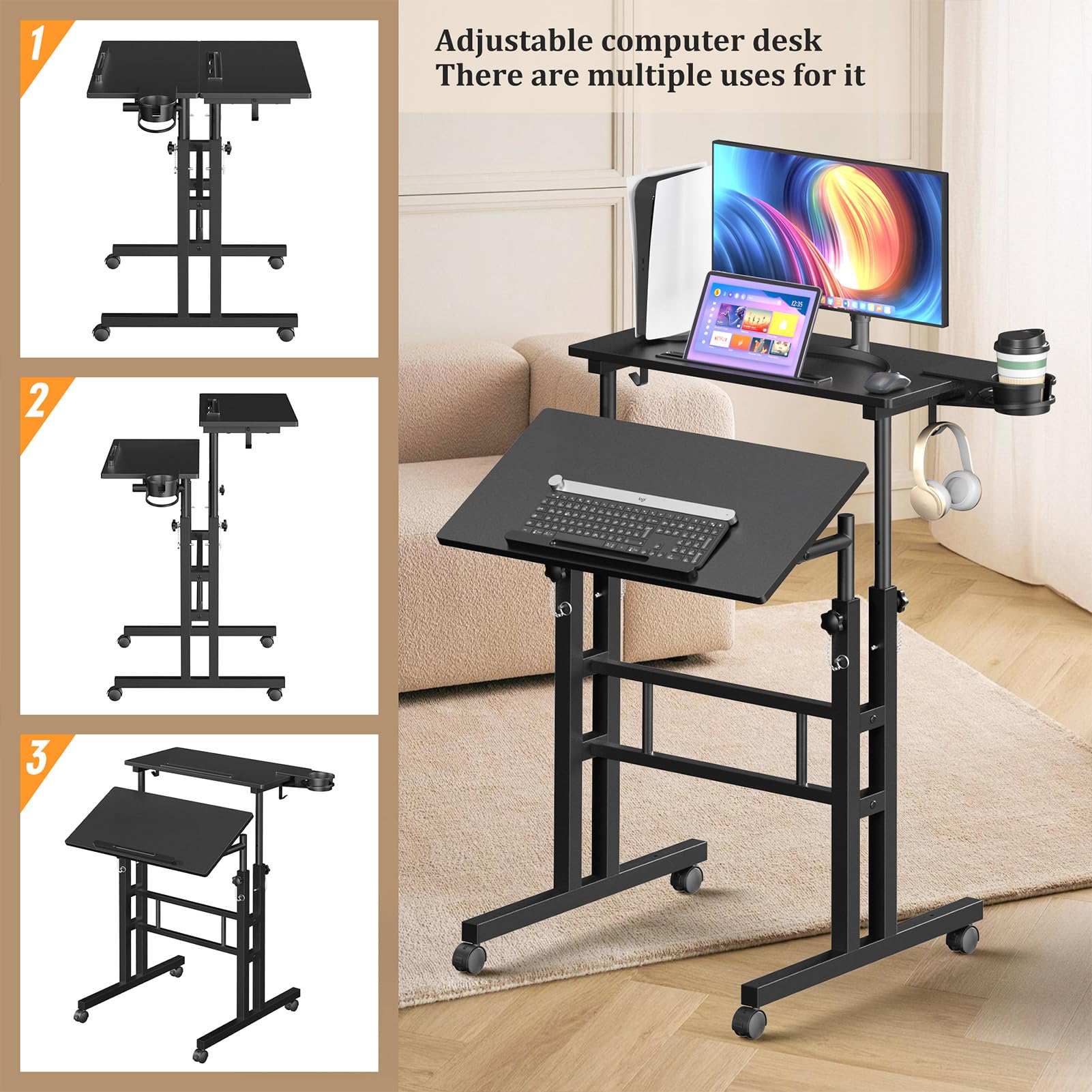 Adjustable Height Mobile Standing Desk with Wheels - Portable Rolling Computer Desk for Home & Office - Perfect for Walking Pads, Workspaces & Small Areas