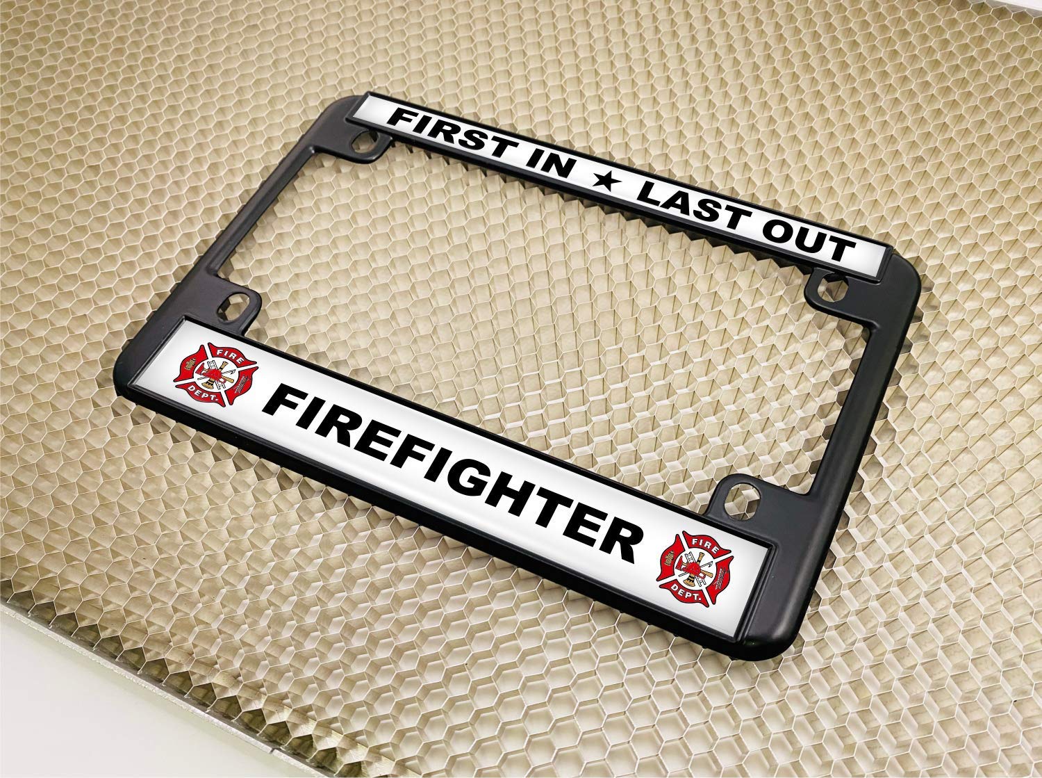 Black Firefighter Design Metal Motorcycle License Plate Frame - Durable & Stylish for Harley, Honda, Kawasaki - Perfect for Bikers, First Responders & Patriotic Riders