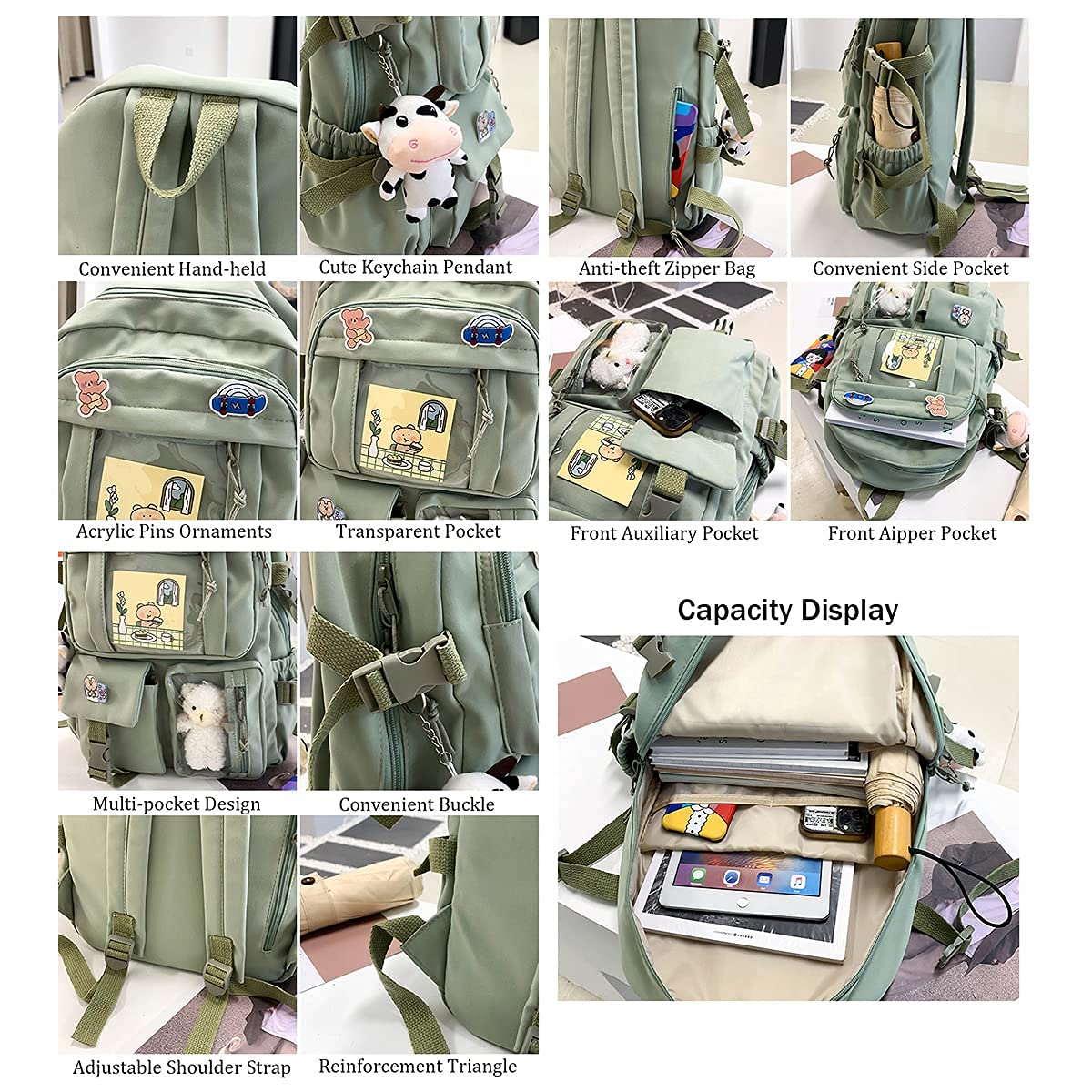 Cute Kawaii Aesthetic Backpack with Badge Pins & Keychain Pendant - Lightweight Travel Backpack for School, College, Work & Daily Commute