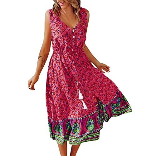 Boho Floral Print V-Neck Sleeveless Waist Dress for Women - Casual Summer Spring Dress (Hot Pink, S) | Perfect for Beach Vacations, Picnics & Outdoor Parties