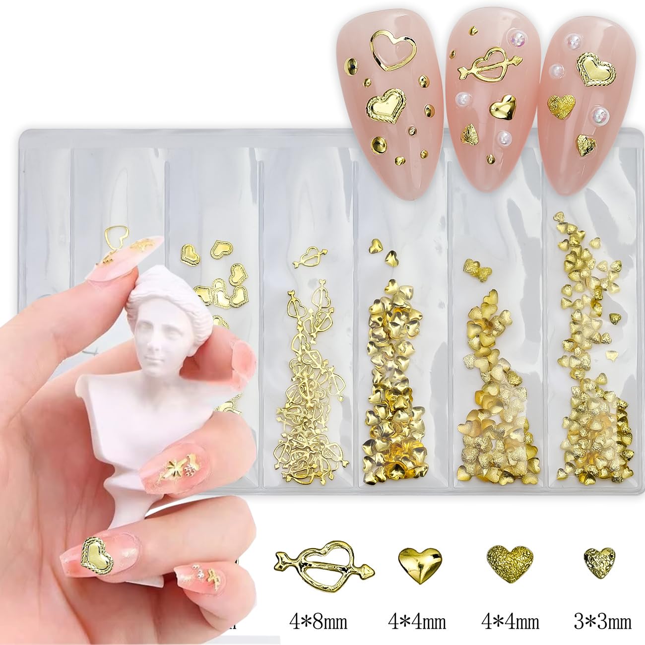 3D Gold Love Heart Nail Charms - Metallic Hollow Star & Heart Nail Art Accessories for Valentine's Day - Rhinestones Studs & Jewelry Gems for Manicure Decorations - Perfect for DIY Nails, Bridal Parties, and Special Occasions