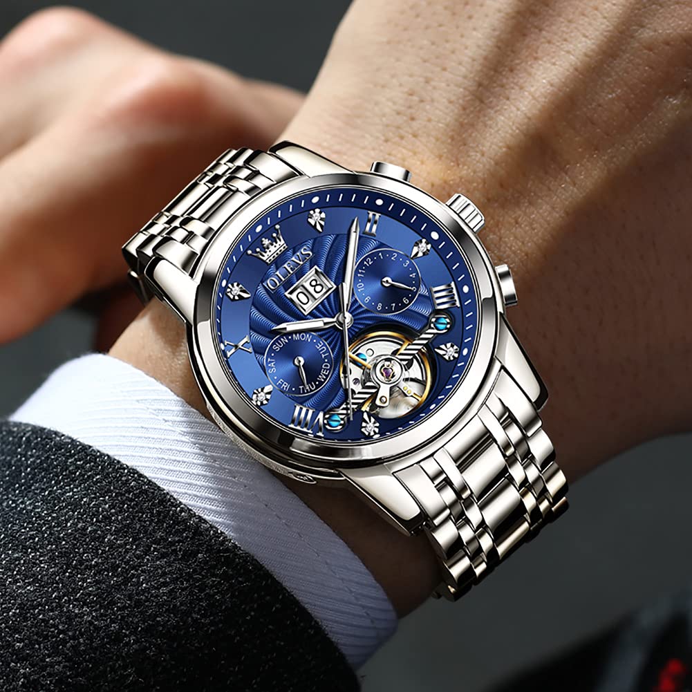 OLEVS Men's Automatic Skeleton Watch - Self Winding Mechanical Watch with Luminous Hands, Waterproof, Diamond Accents, Day/Date Display - Perfect for Business, Dress & Formal Occasions