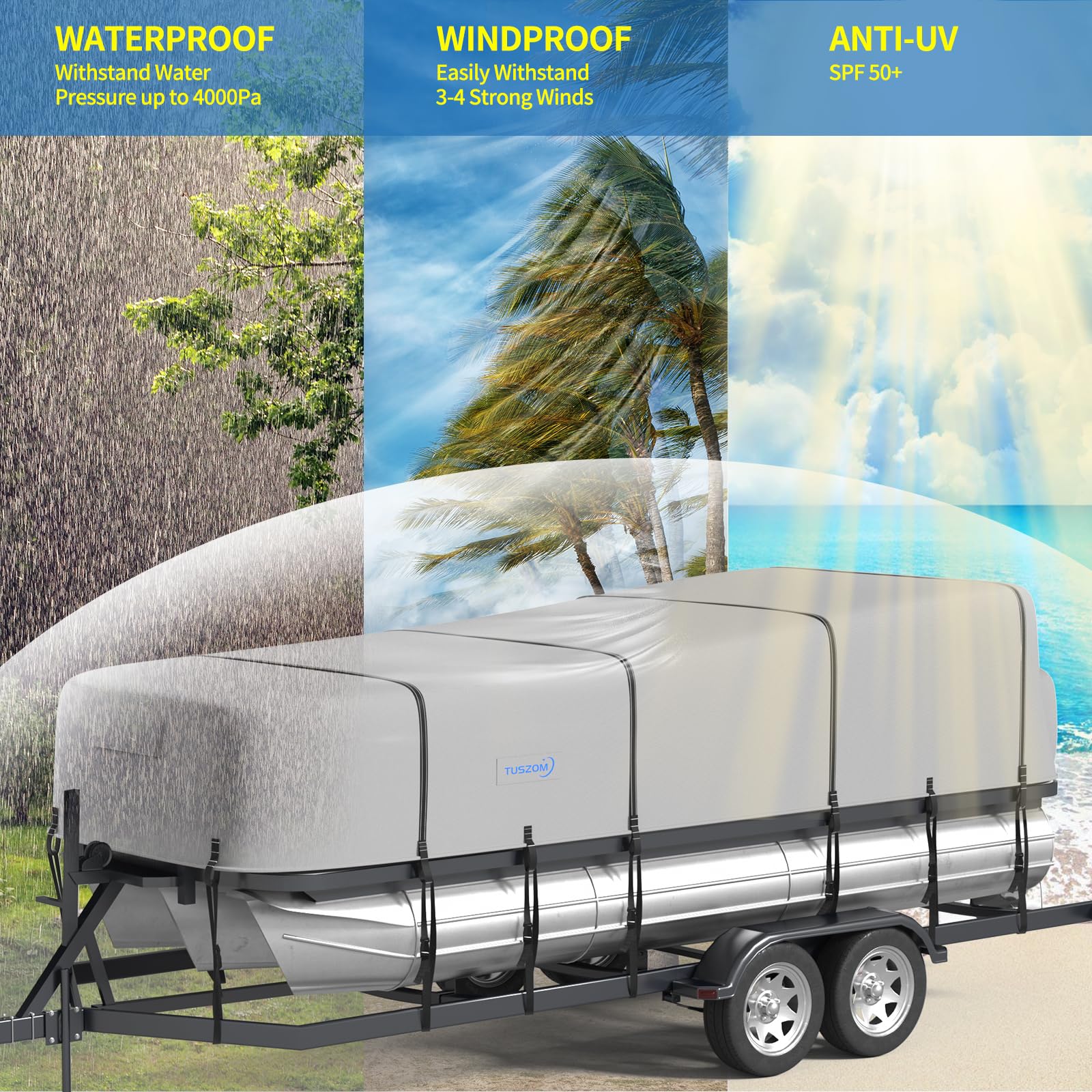 900D Waterproof Heavy Duty Pontoon Boat Cover with Motor Cover - True 900D Solution Dyed Trailerable Cover with 12+4 Windproof Straps (Fits 21'-24' Length, 102