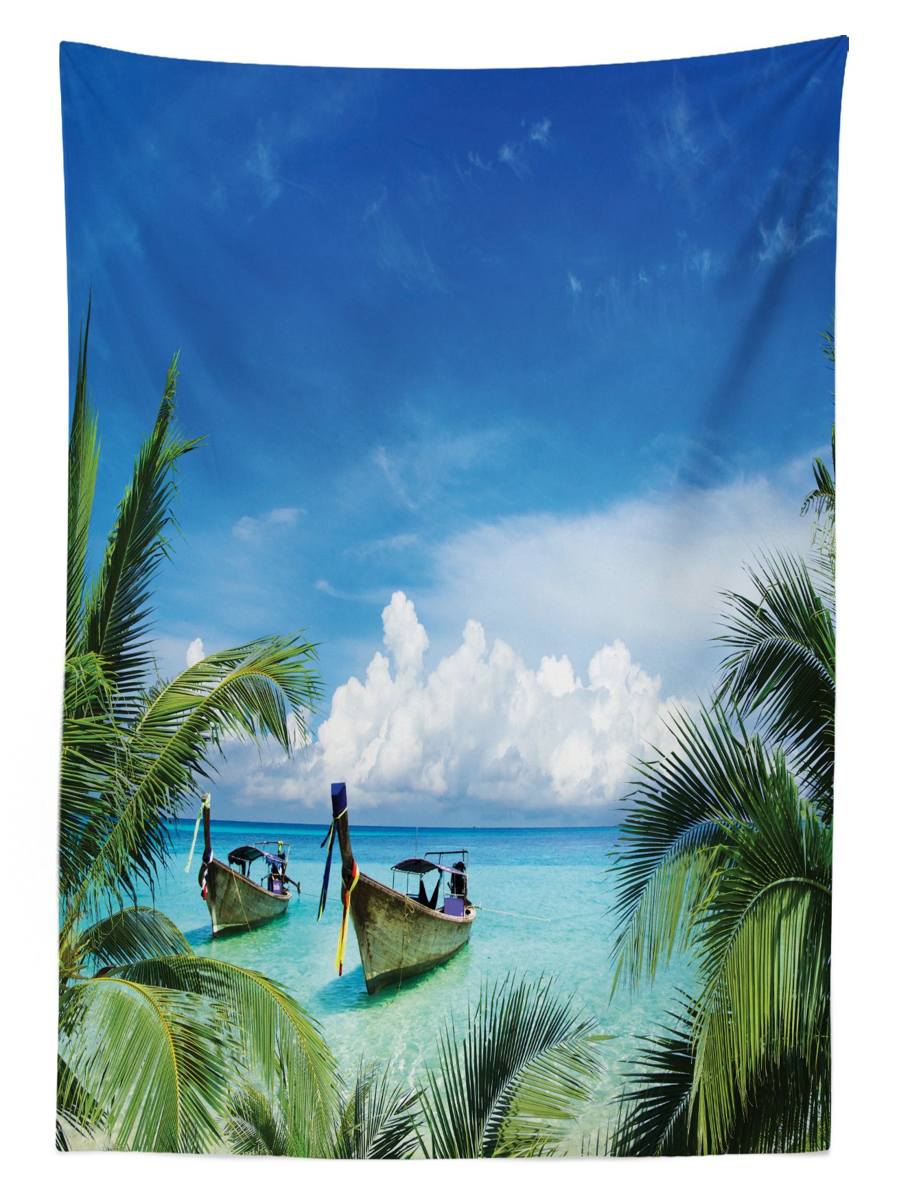 Ambesonne Waterproof Outdoor Tablecloth - Hawaiian Beach Design with Palm Trees & Fishing Boats - 58