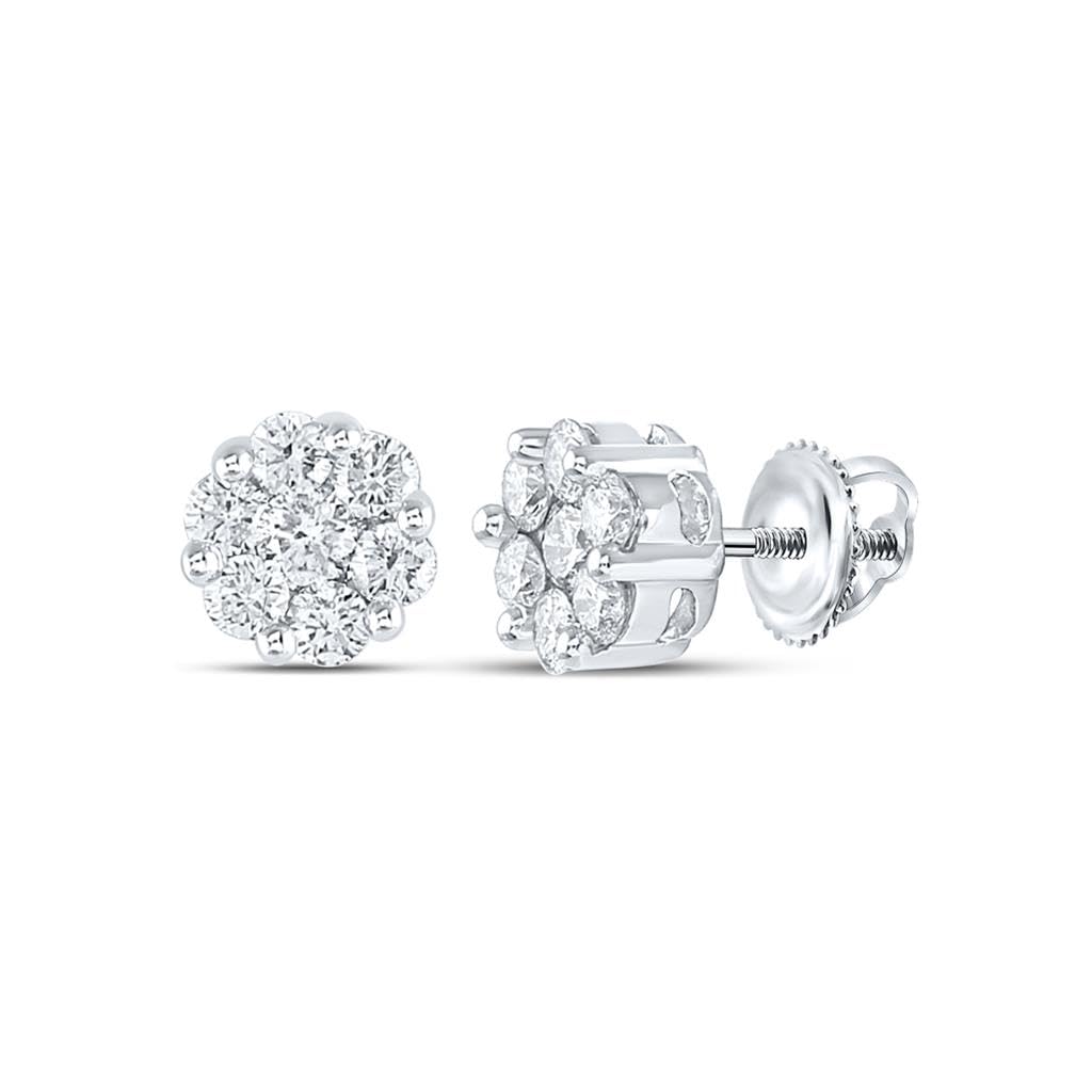 14K White Gold Round Diamond Flower Cluster Stud Earrings for Women - 1 CTTW Total Weight | Perfect for Weddings, Anniversaries & Special Occasions