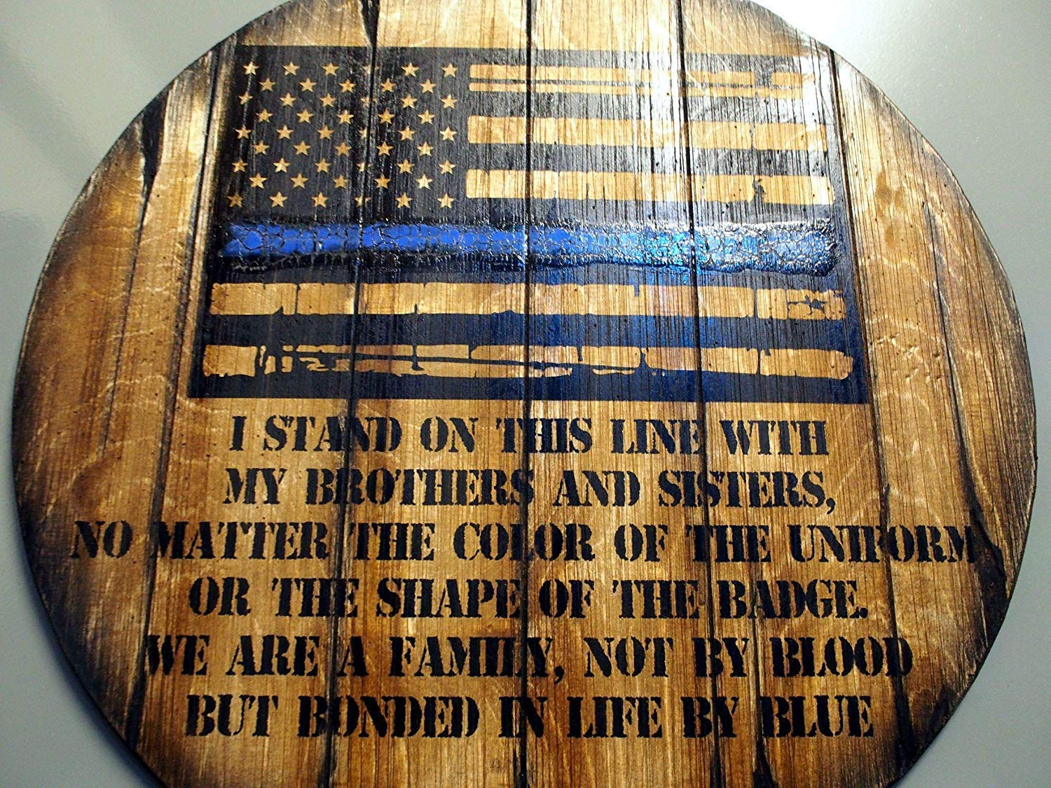 Thin Blue Red Green Yellow Gray Purple Line Personalized American Flag - Rustic Whiskey & Wine Barrel Decor - Home Bar & Man Cave Wall Art - Unique Personalized Gifts for Police, Firefighters, Military (Perfect for Patriotic Home Decor & Office Display)